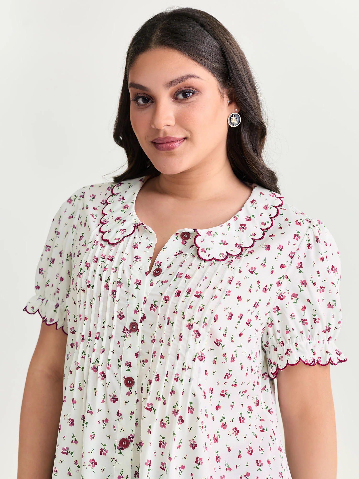 Floral Embroidery Pleated Button-Front Blouse - Image 9