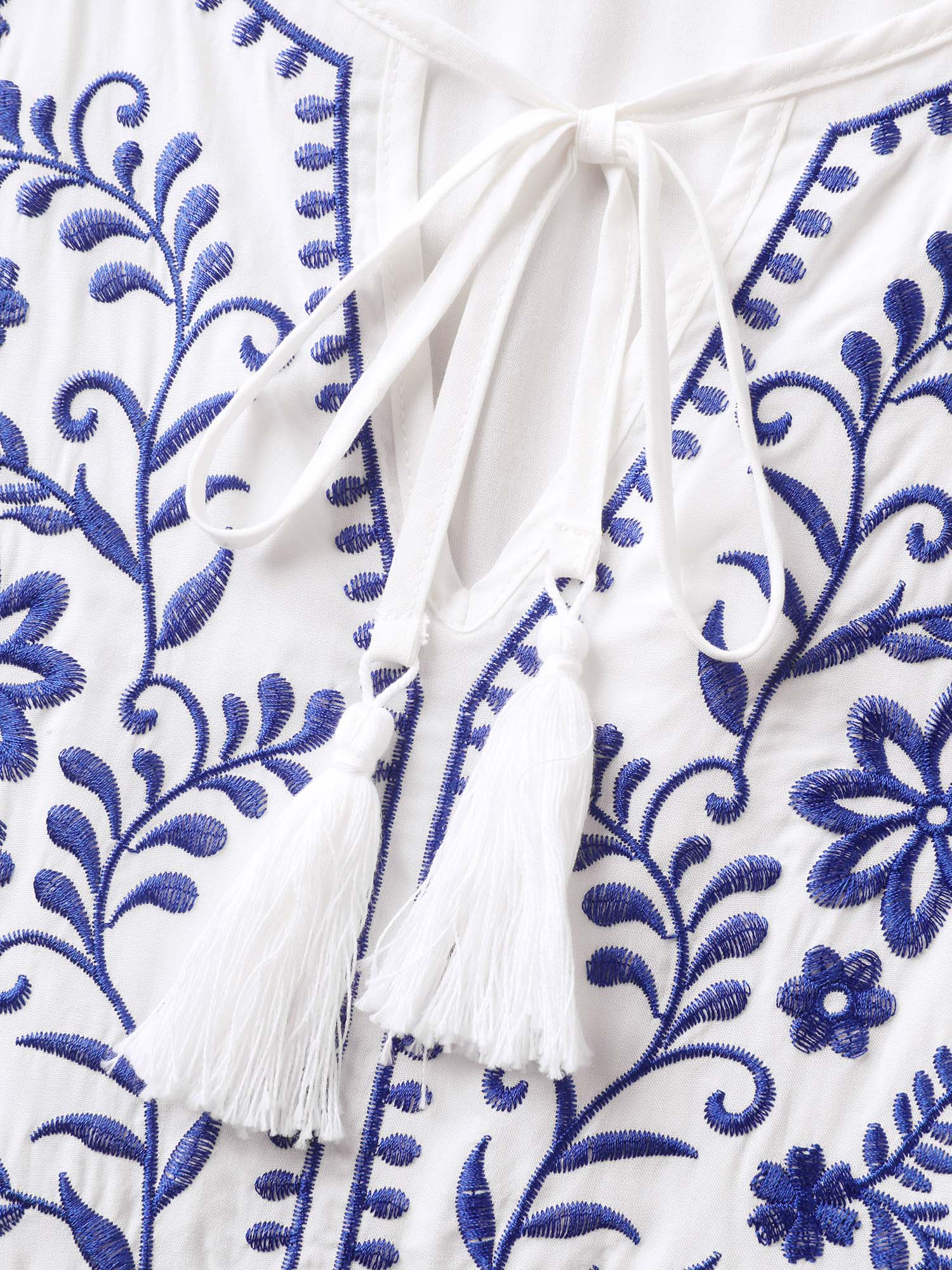 Floral Embroidery Pockets Tassels Midi Dress - Image 5