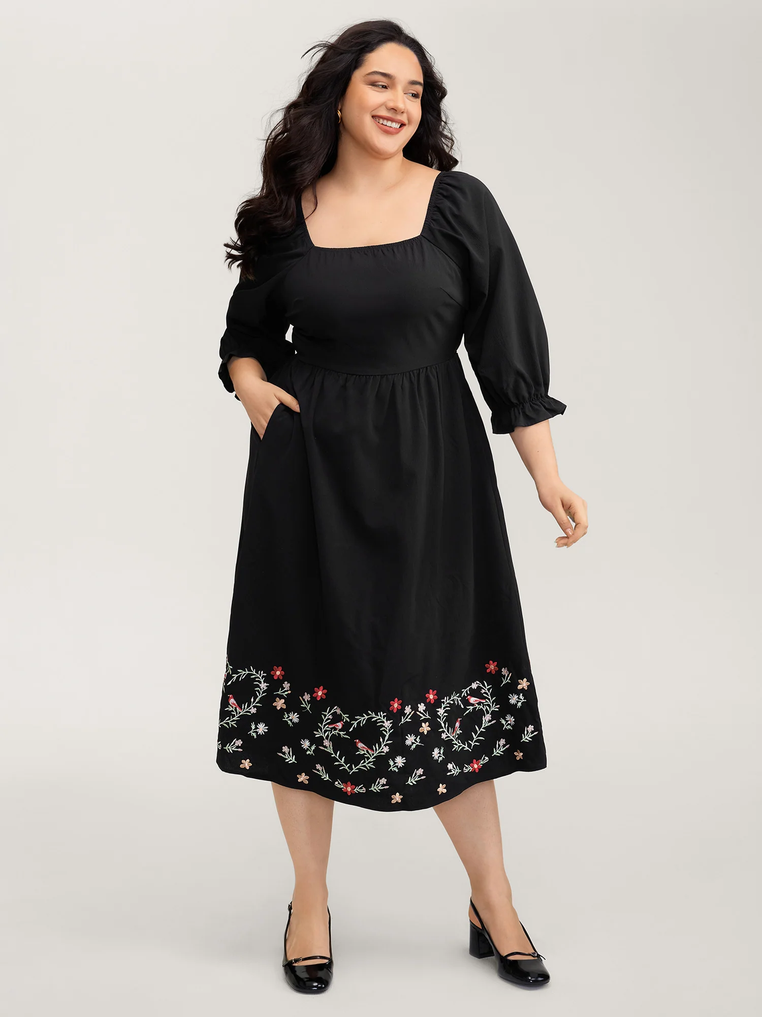 Floral Embroidery Puff Sleeve Midi Dress - Image 3
