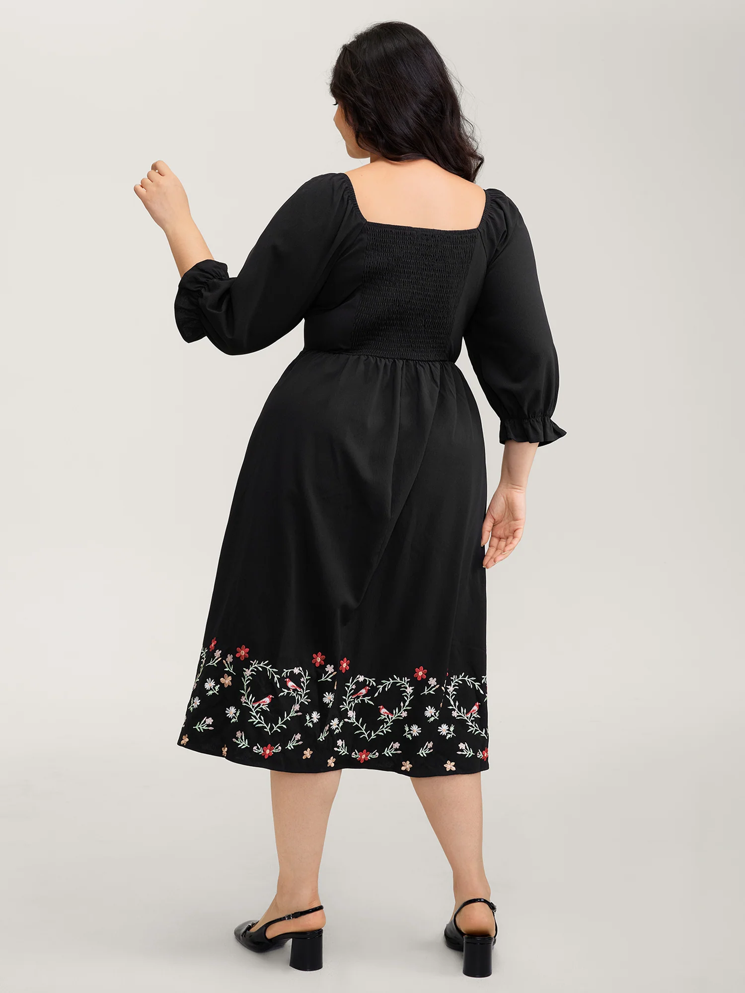 Floral Embroidery Puff Sleeve Midi Dress - Image 5