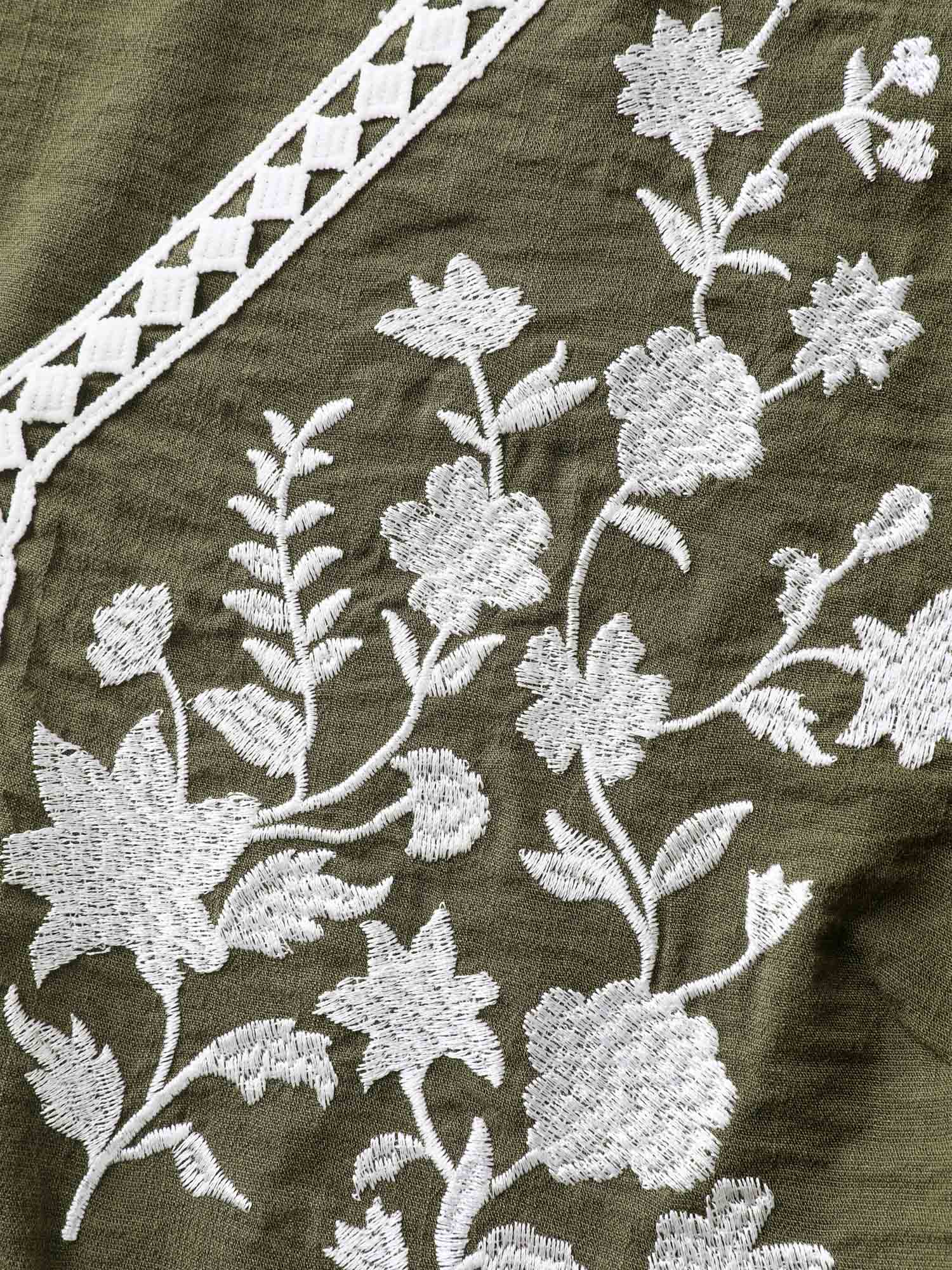 Floral Embroidery Puffy Sleeve-Tie Blouse - Image 5