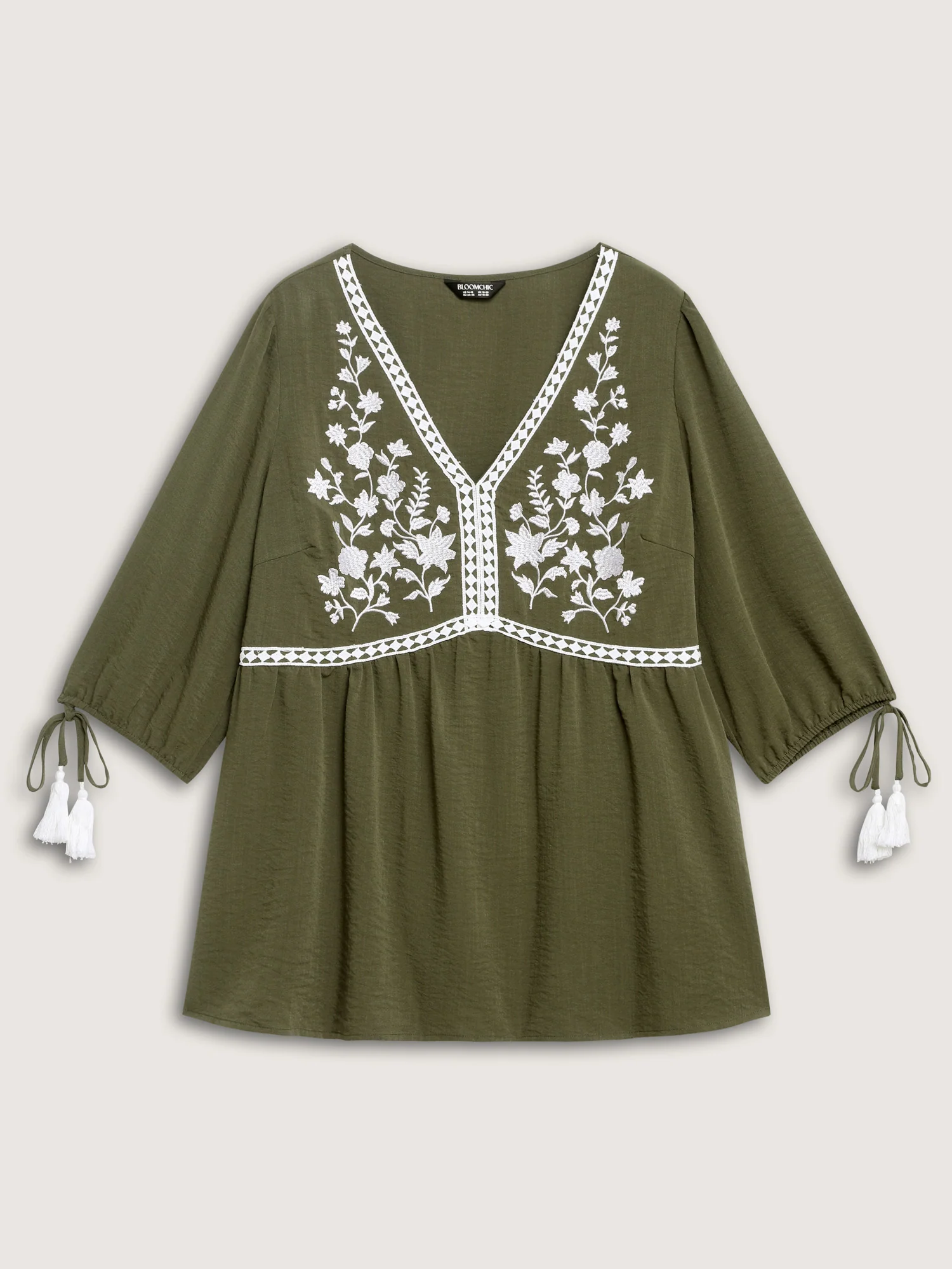 Floral Embroidery Puffy Sleeve-Tie Blouse - Image 7