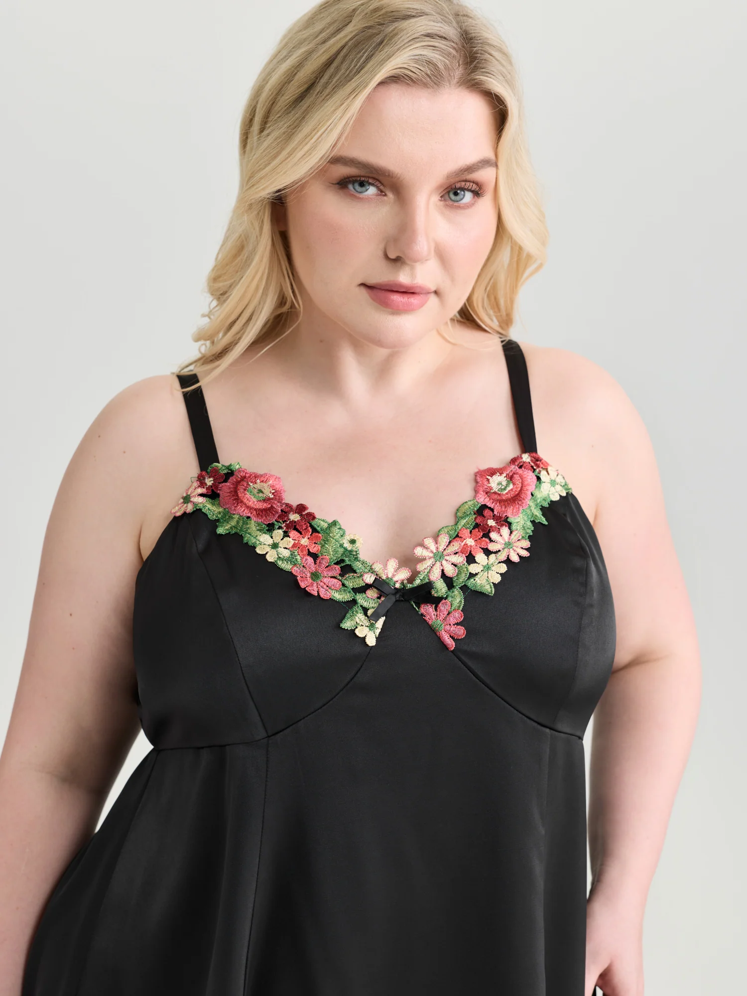 Floral Embroidered Satin Bustier Nightgown - Image 2
