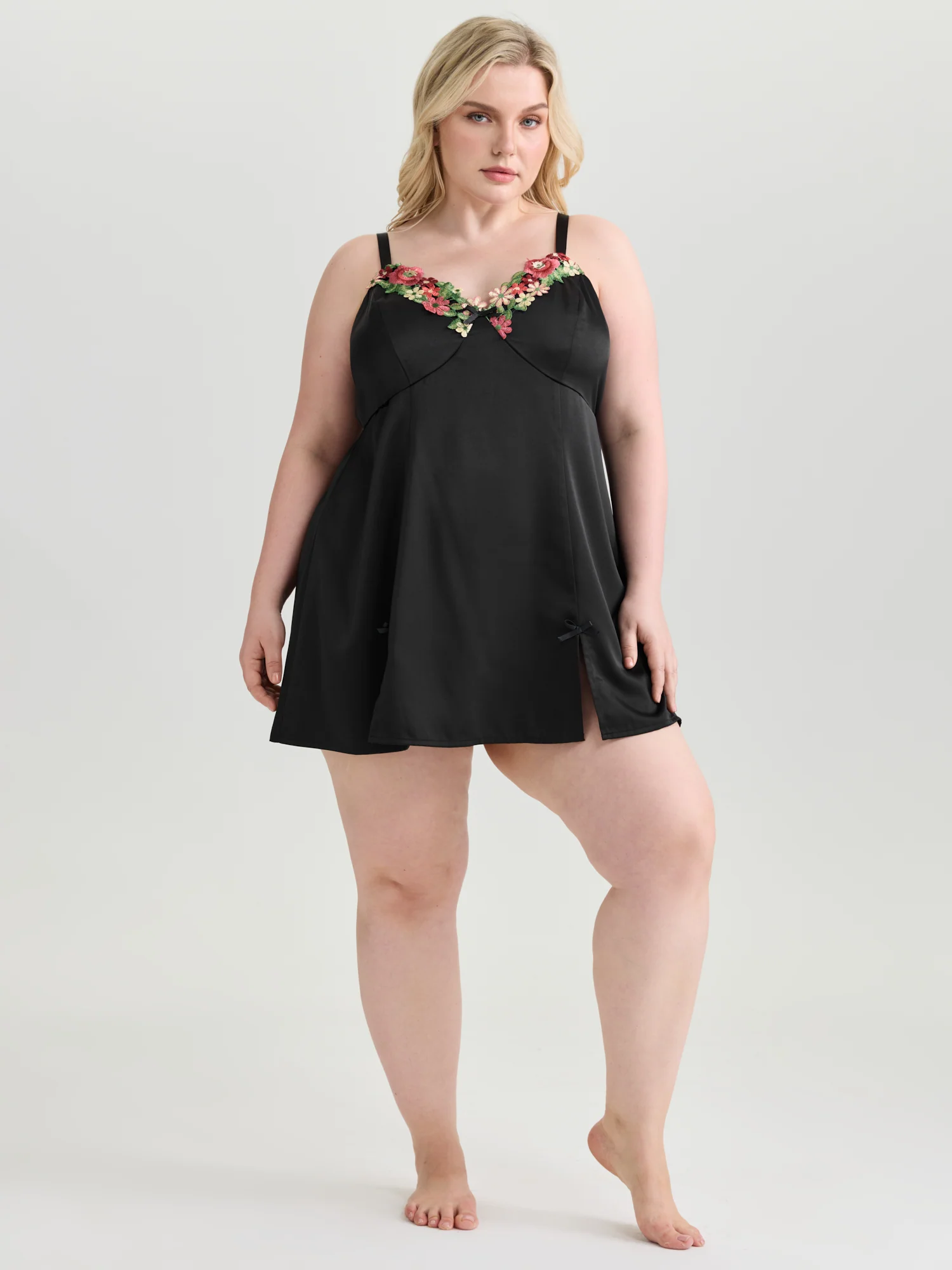 Floral Embroidered Satin Bustier Nightgown - Image 3