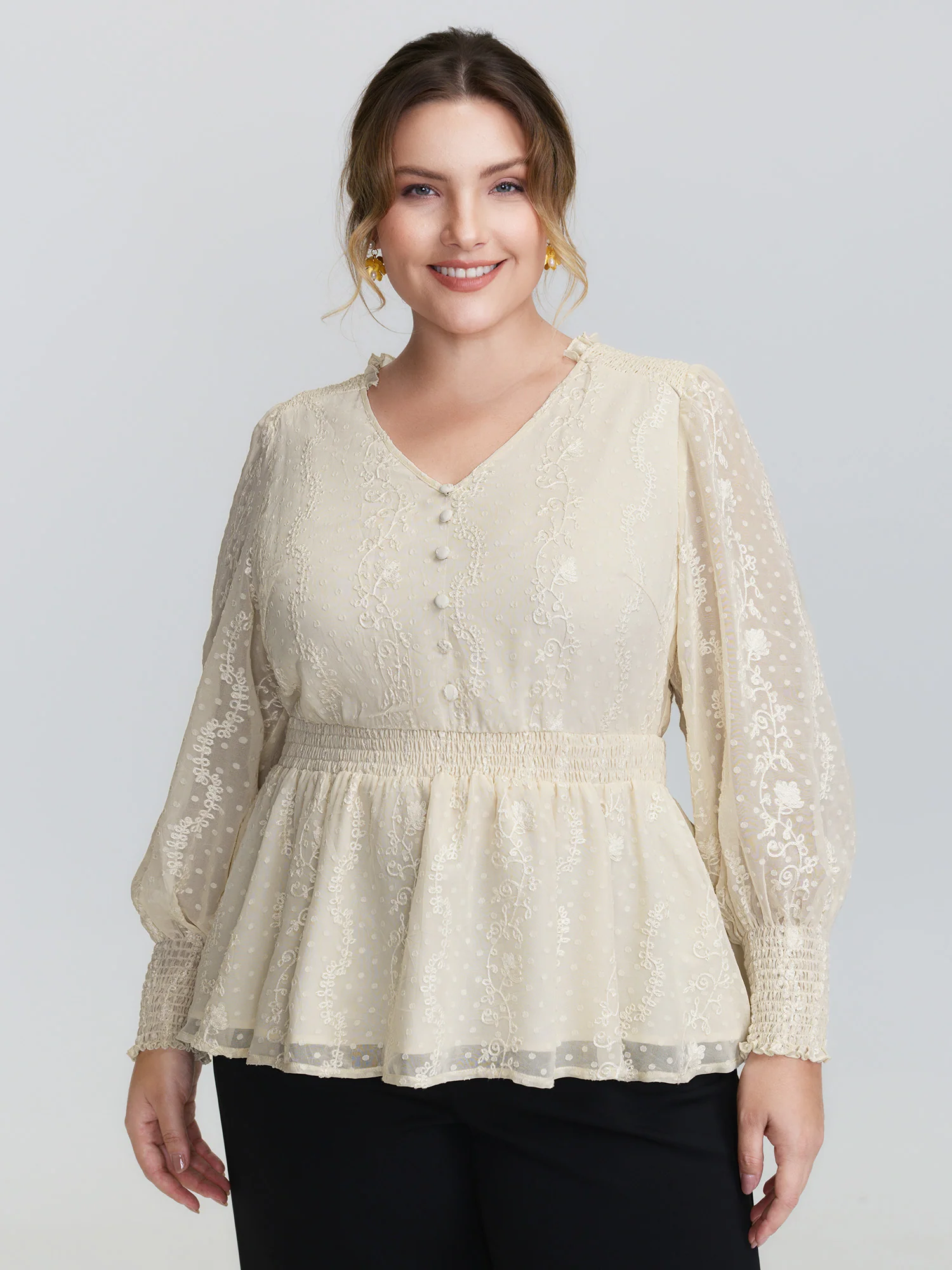 Floral Embroidery Shirred Waist Blouse - Image 2
