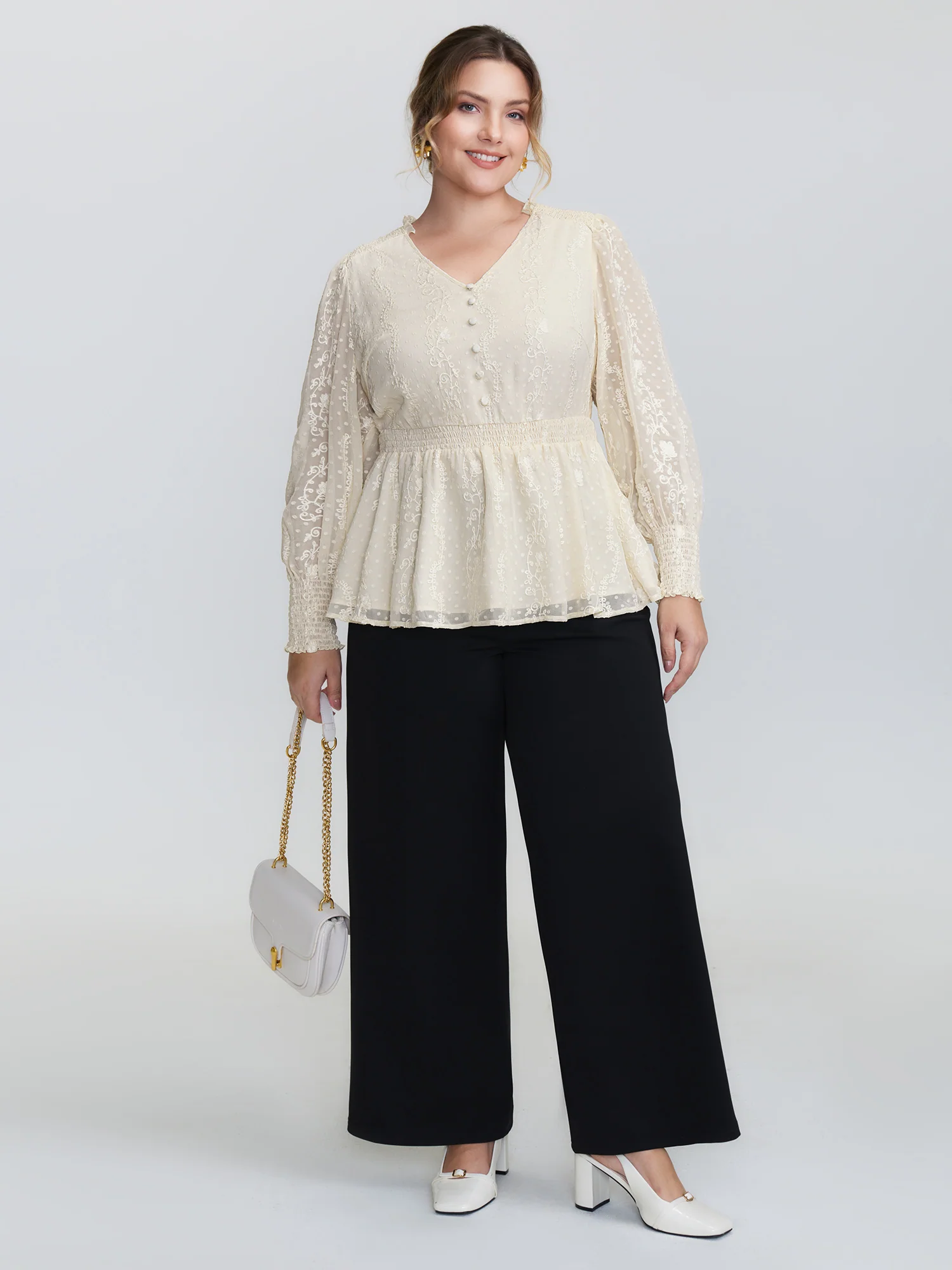 Floral Embroidery Shirred Waist Blouse - Image 3