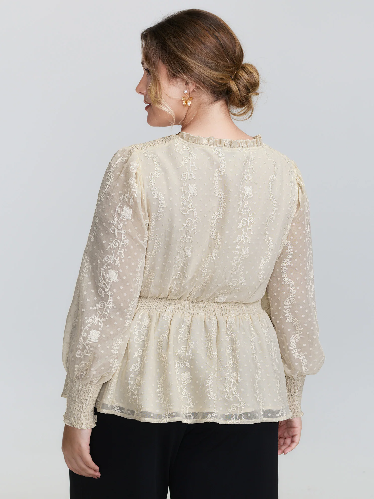 Floral Embroidery Shirred Waist Blouse - Image 4