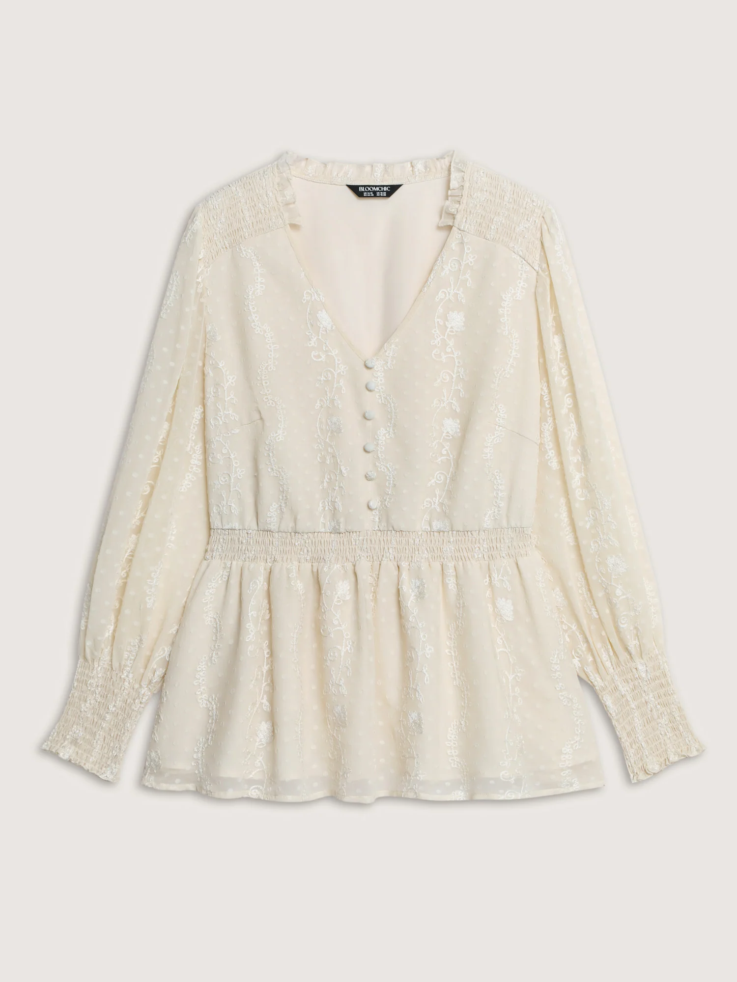 Floral Embroidery Shirred Waist Blouse - Image 7