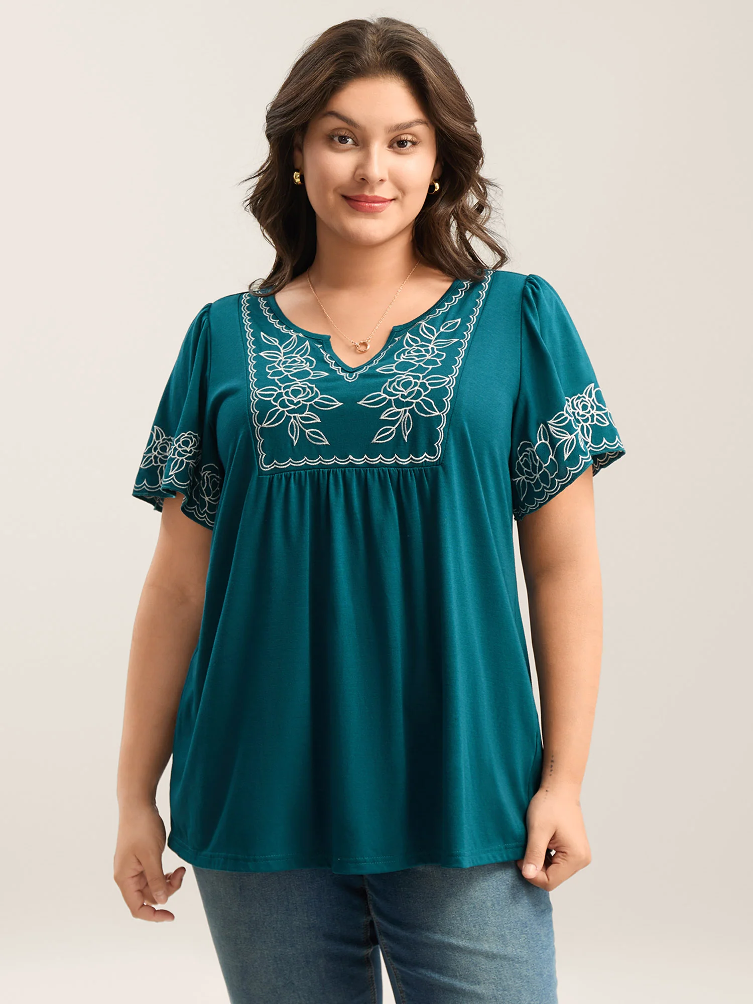 Floral Embroidery Split Neck Flowy Top
