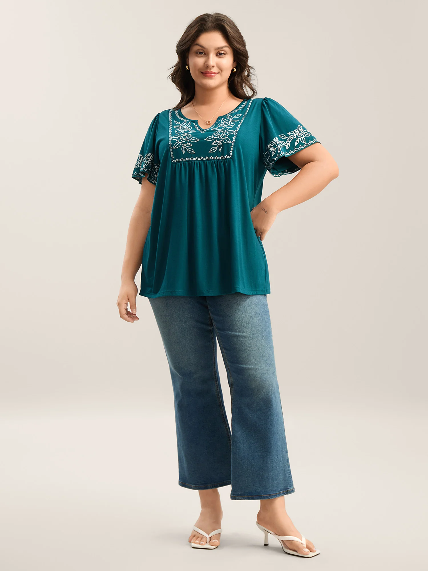 Floral Embroidery Split Neck Flowy Top - Image 3
