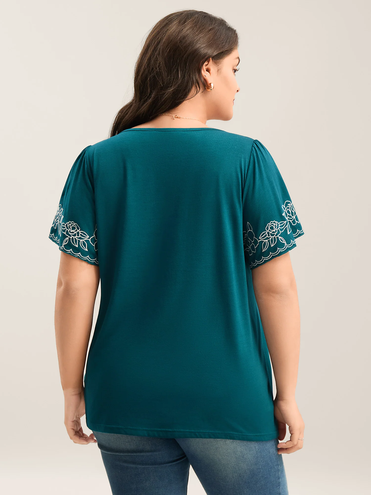 Floral Embroidery Split Neck Flowy Top - Image 4