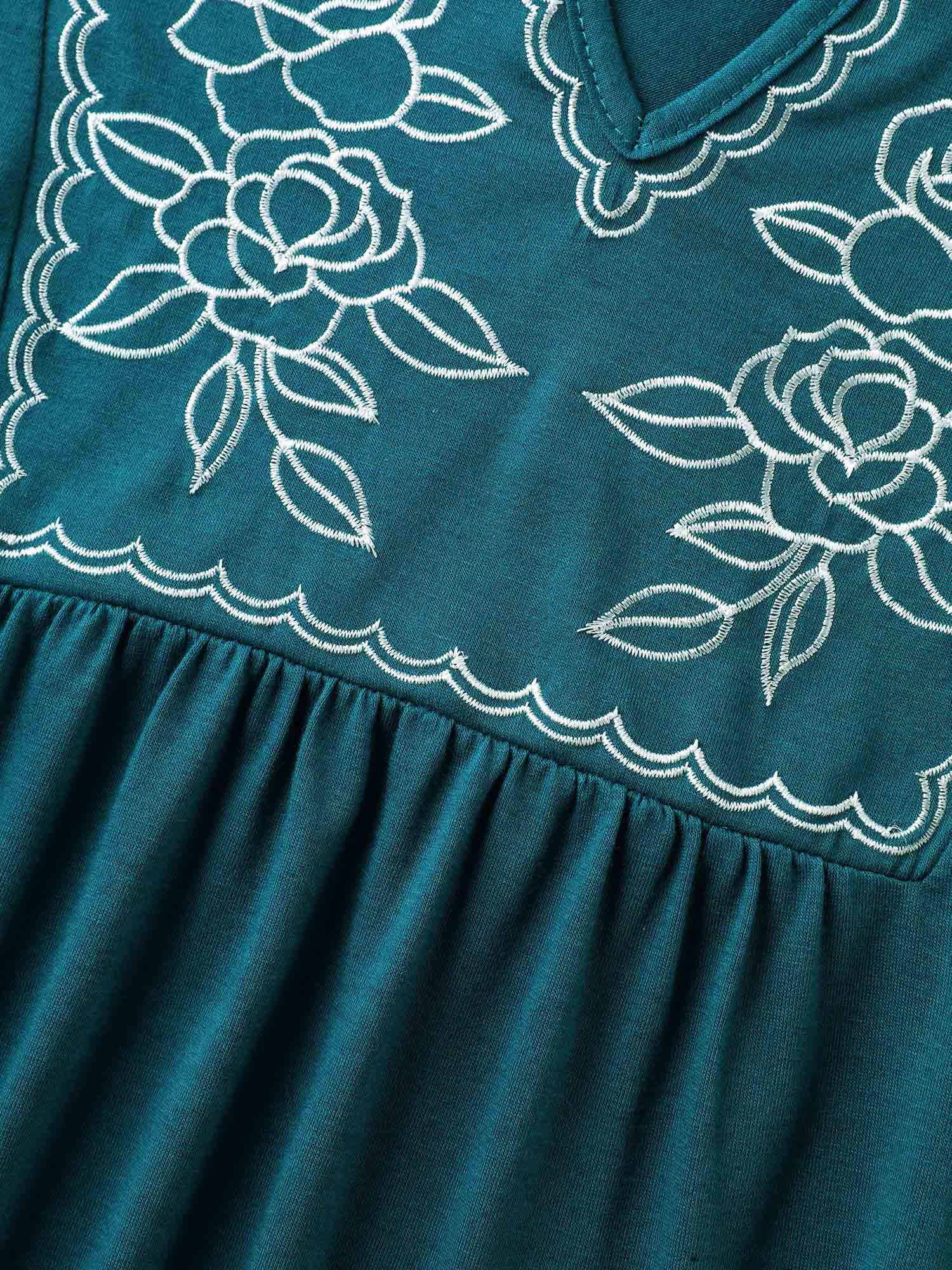 Floral Embroidery Split Neck Flowy Top - Image 5