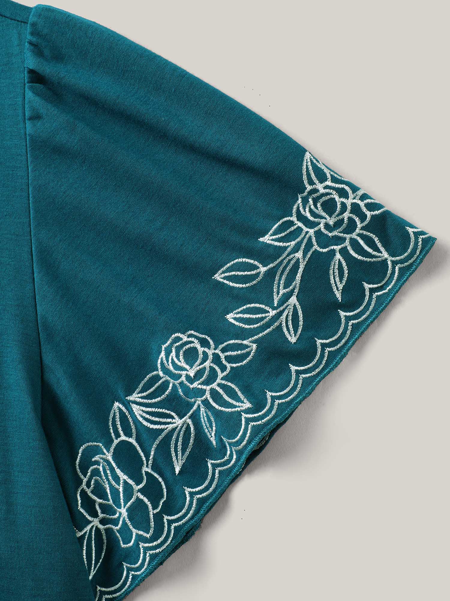 Floral Embroidery Split Neck Flowy Top - Image 6