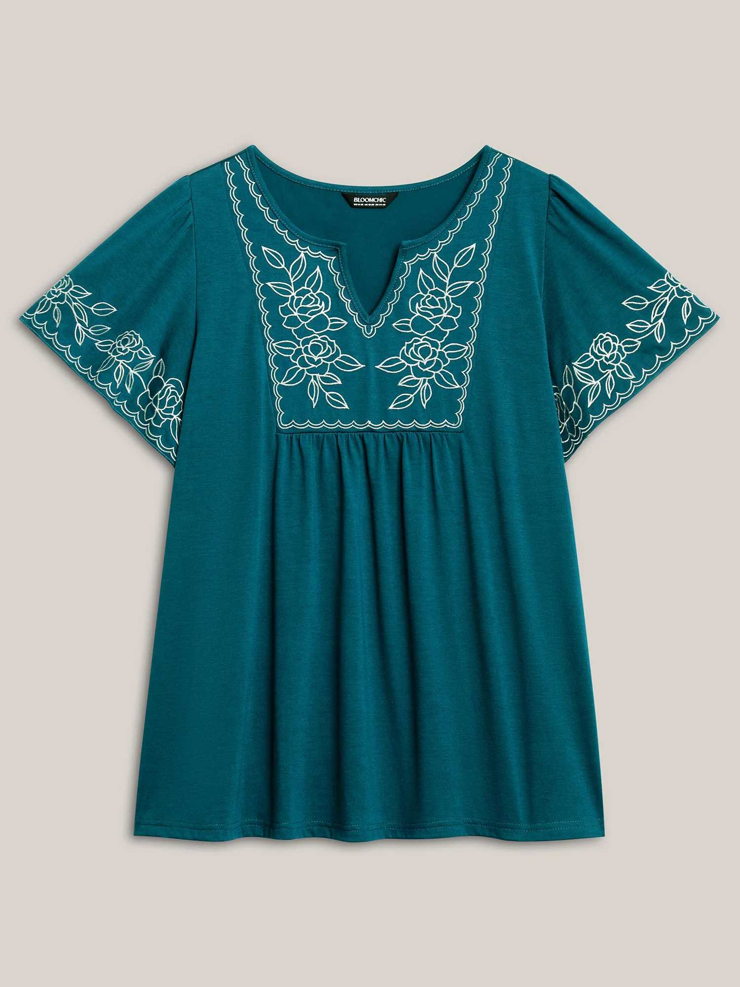 Floral Embroidery Split Neck Flowy Top - Image 7