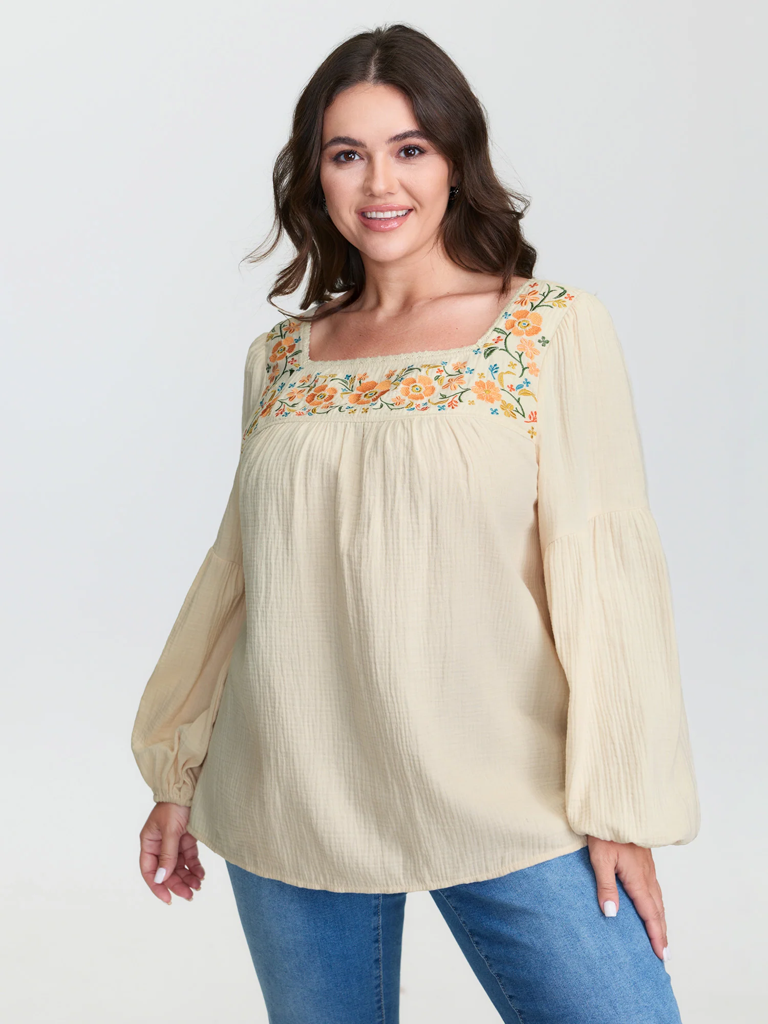 Floral Embroidery Square Neck Blouse - Image 2