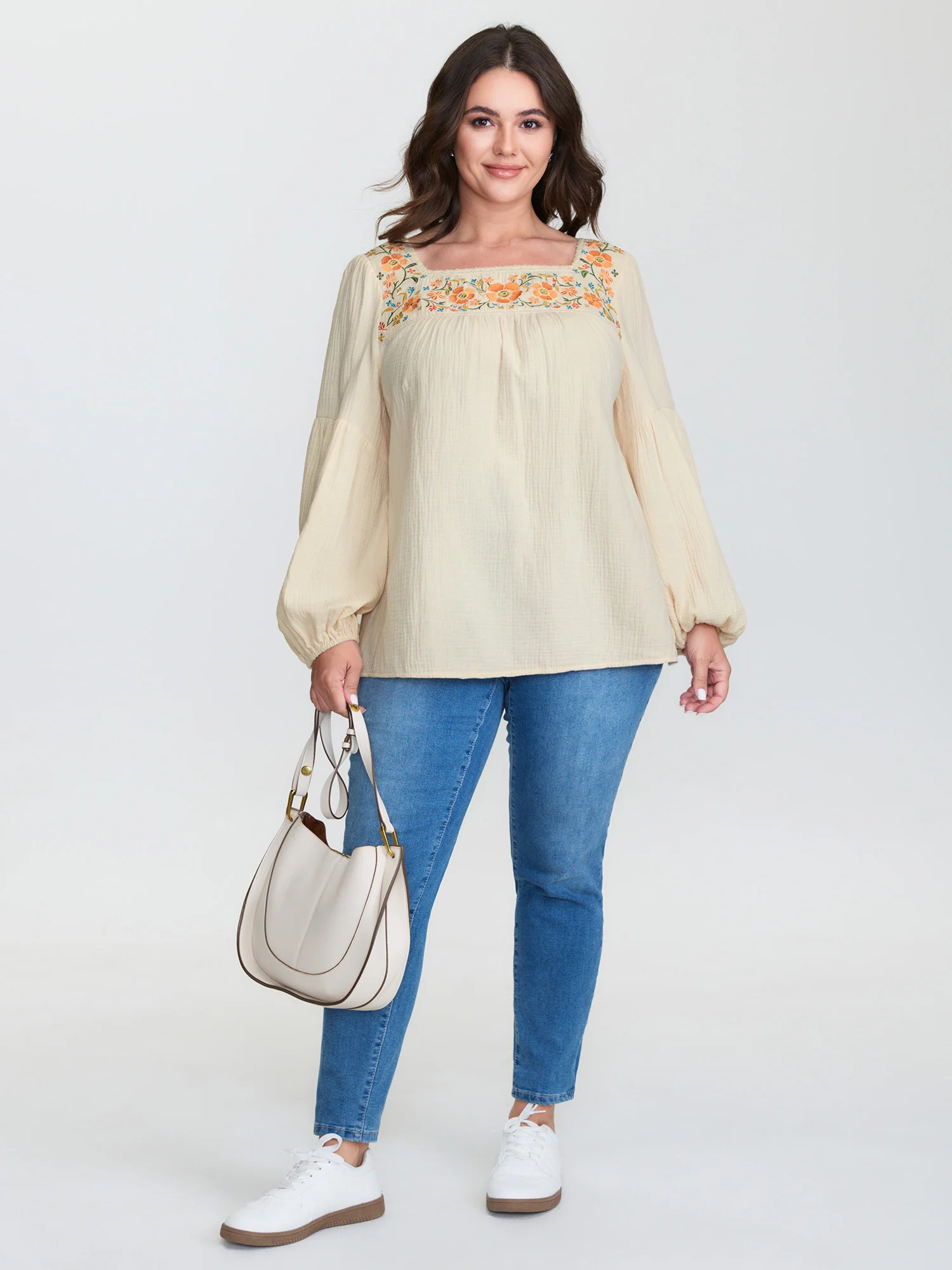 Floral Embroidery Square Neck Blouse - Image 3
