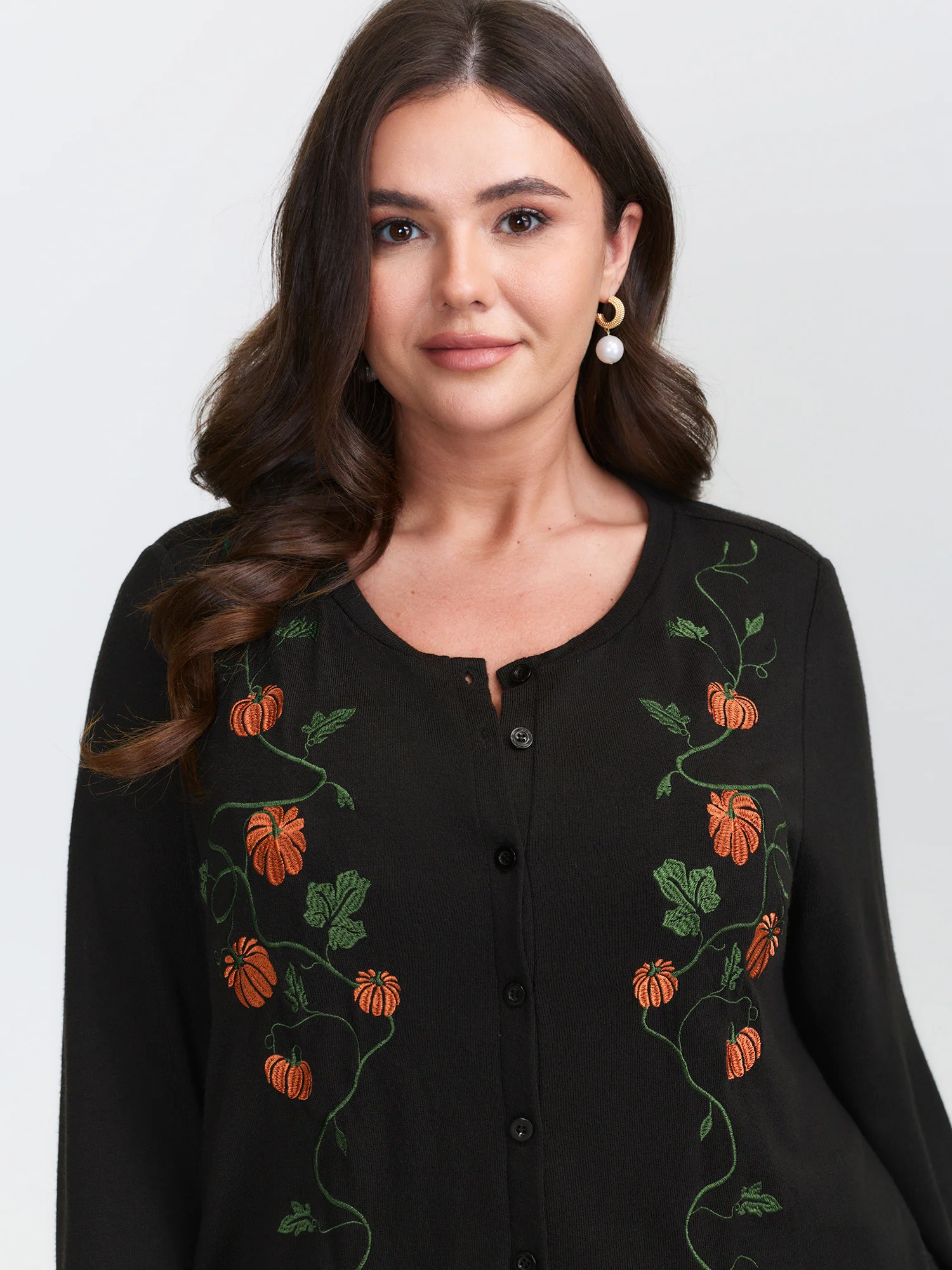 Floral Embroidery Stretch Knit Button Top - Image 2
