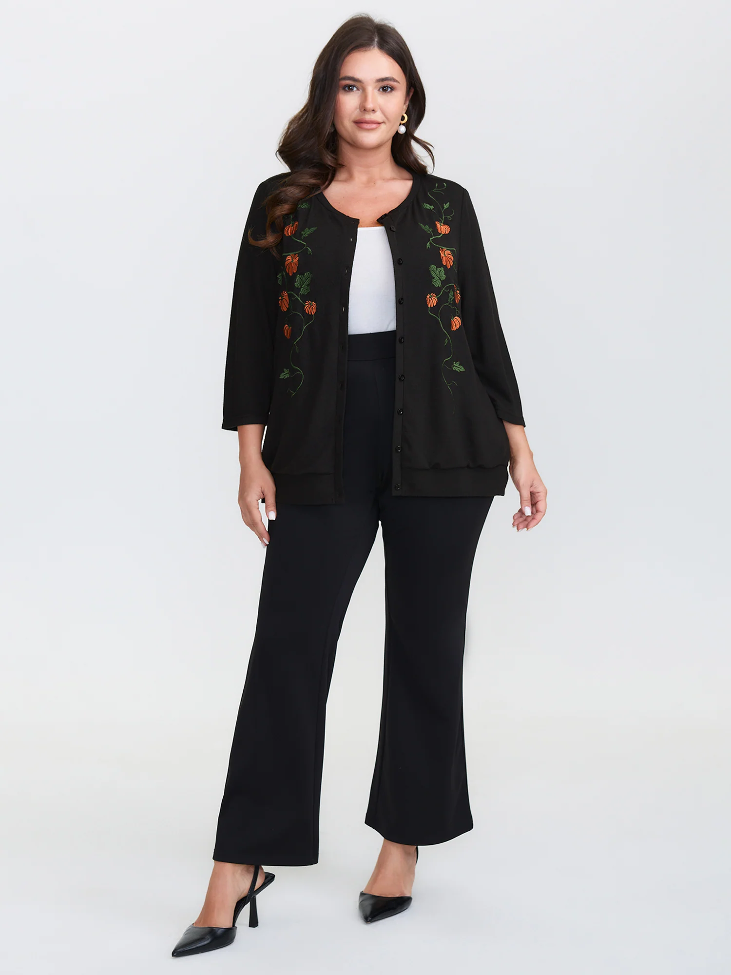 Floral Embroidery Stretch Knit Button Top - Image 3