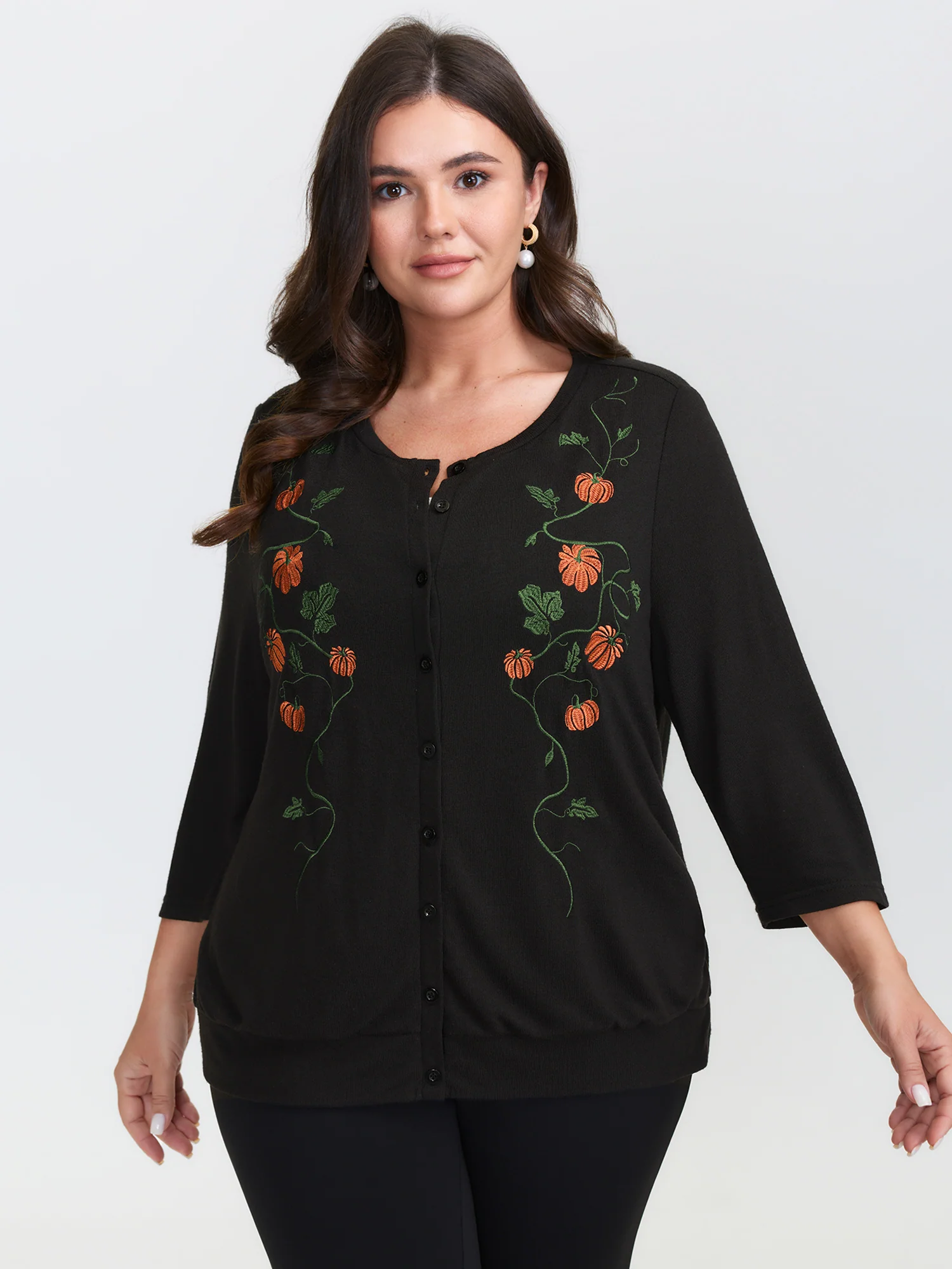 Floral Embroidery Stretch Knit Button Top - Image 4