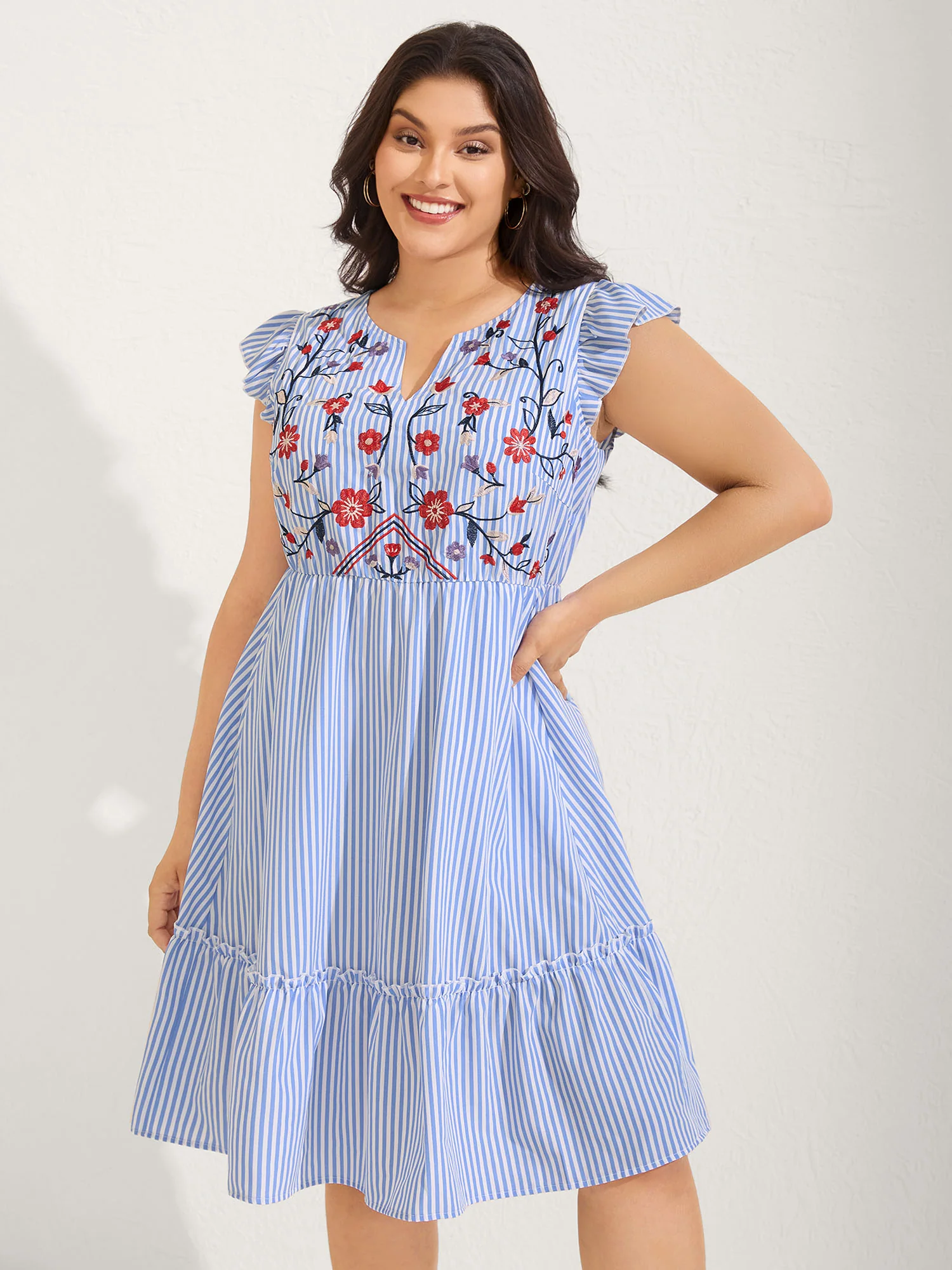 Floral Embroidery Stripes Flutter Mini Dress