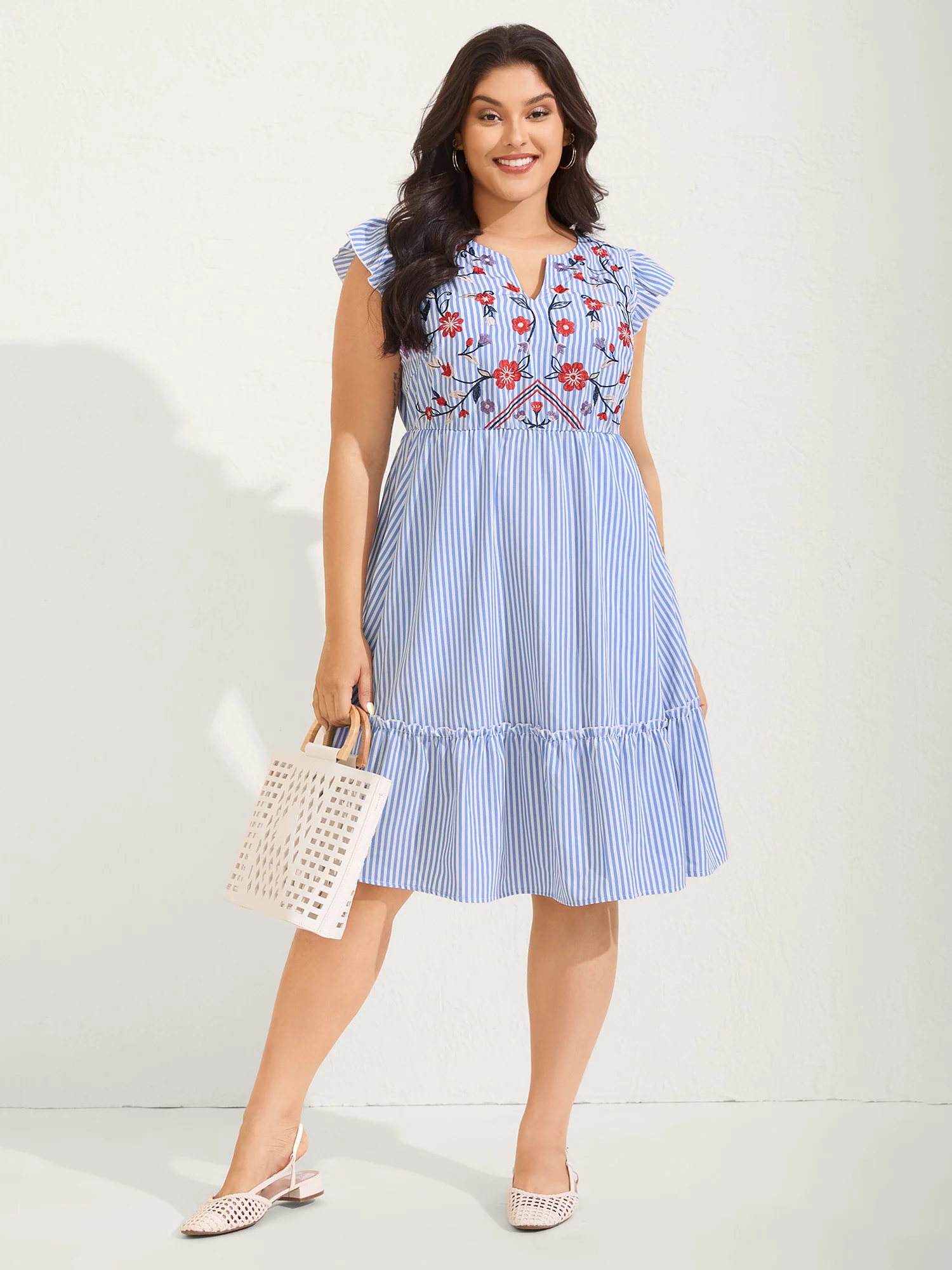 Floral Embroidery Stripes Flutter Mini Dress - Image 2