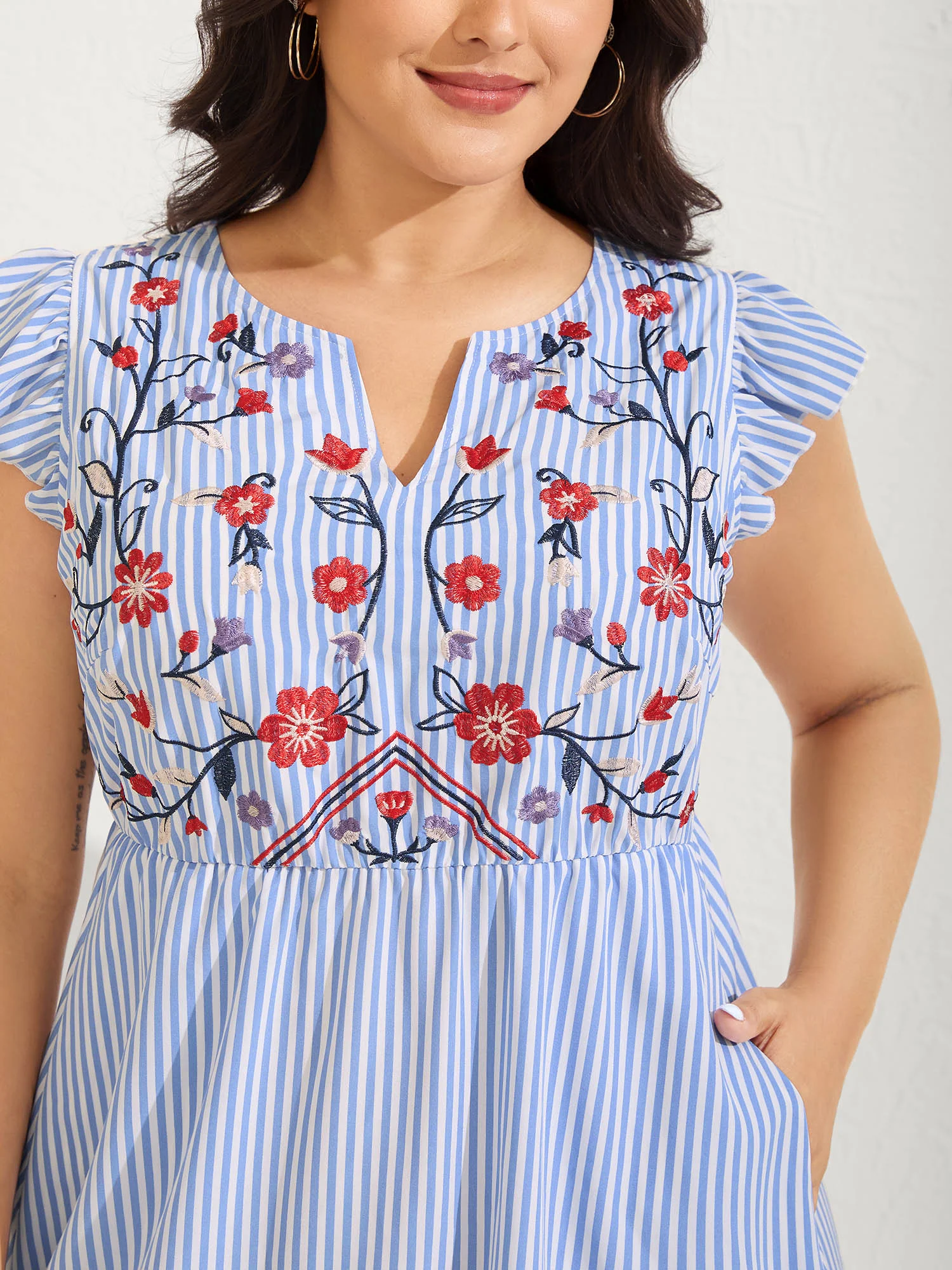 Floral Embroidery Stripes Flutter Mini Dress - Image 3