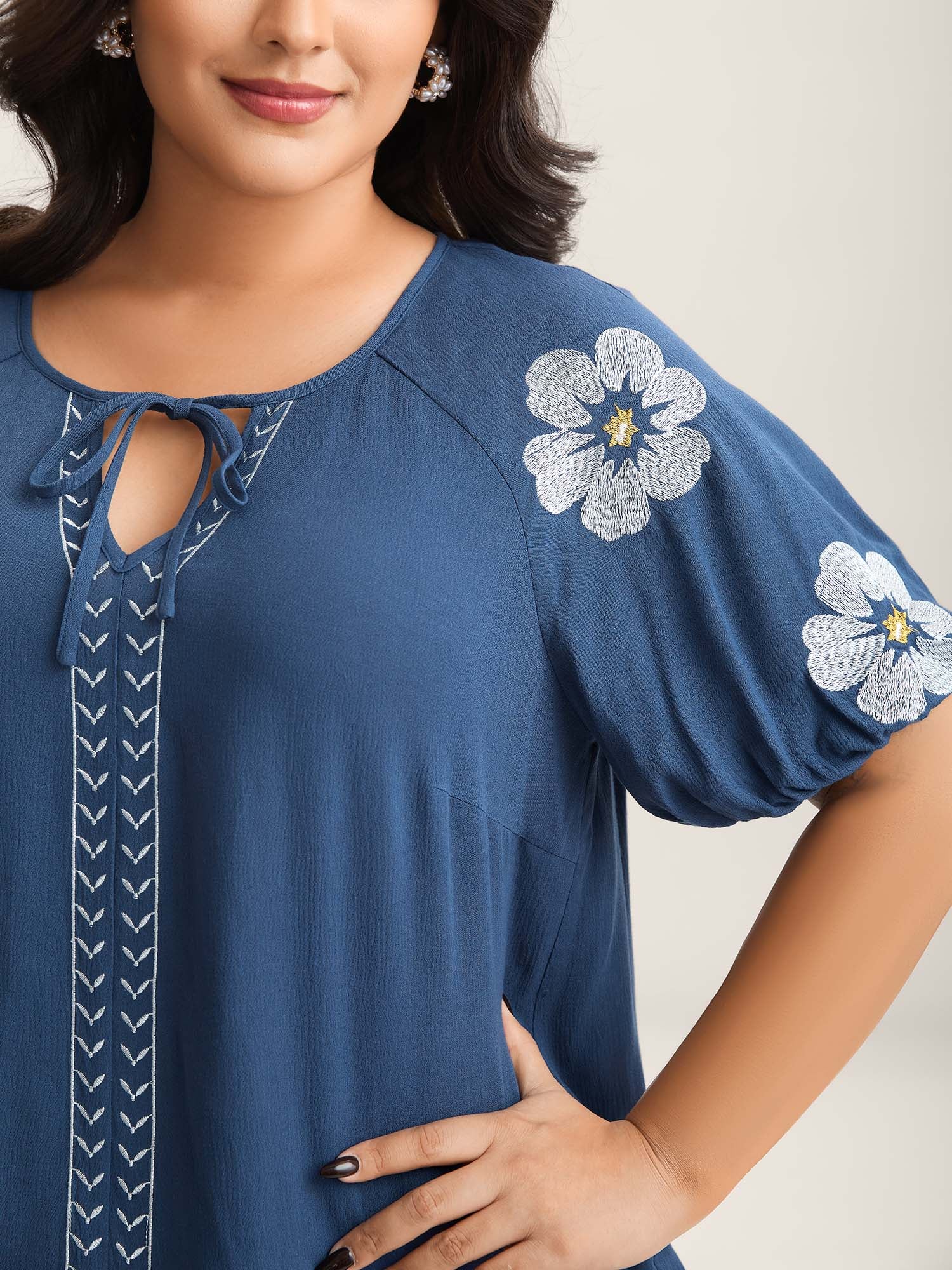 Floral Embroidery Textured Neck Tie Blouse - Image 2