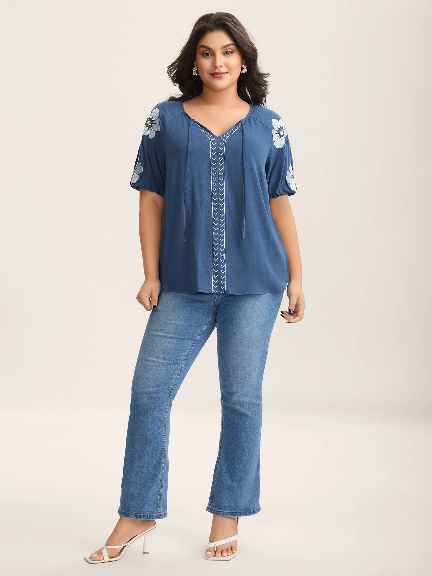 Floral Embroidery Textured Neck Tie Blouse - Image 3