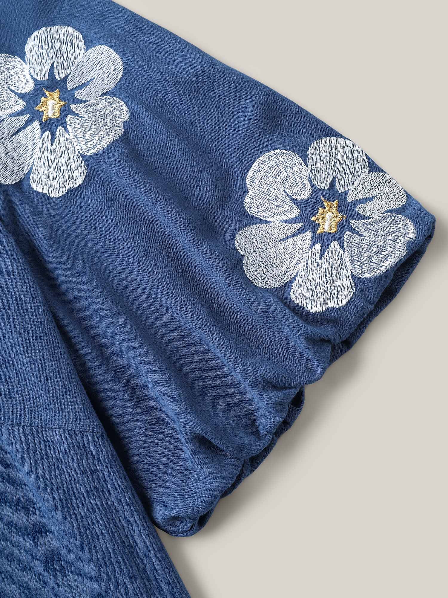 Floral Embroidery Textured Neck Tie Blouse - Image 6