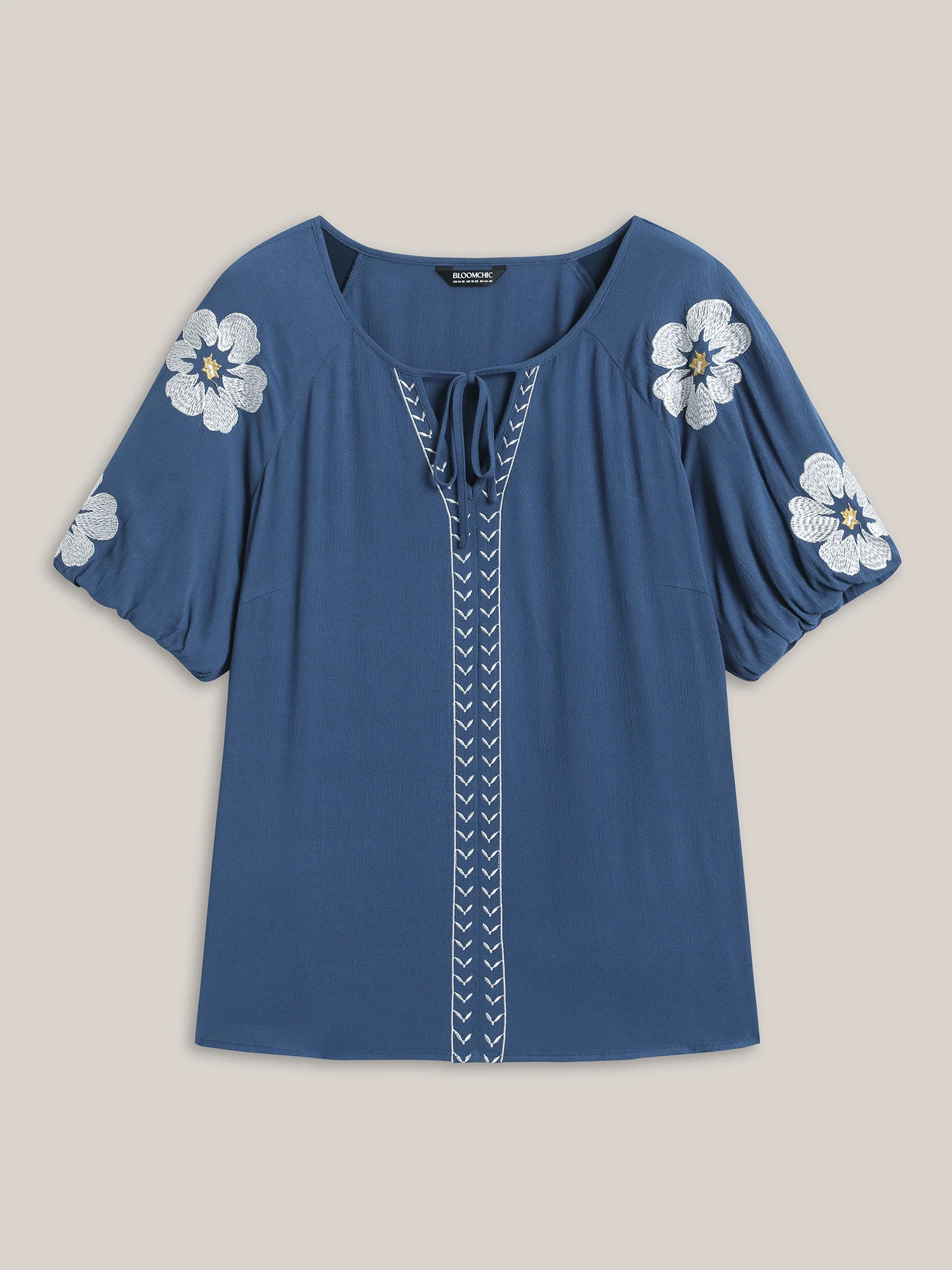 Floral Embroidery Textured Neck Tie Blouse - Image 7
