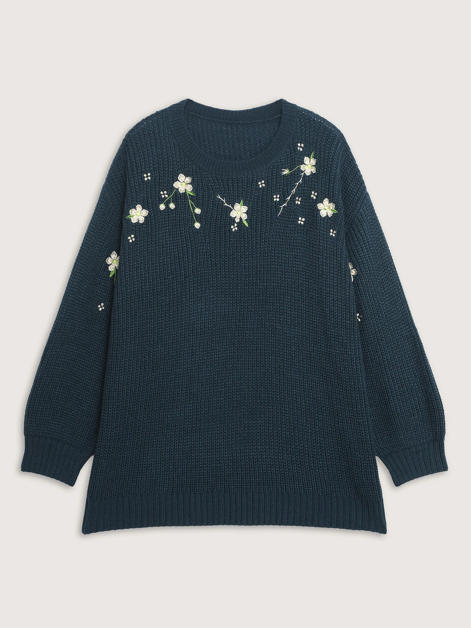 Floral Embroidery Textured Relaxed-Fit Pullover - Image 7