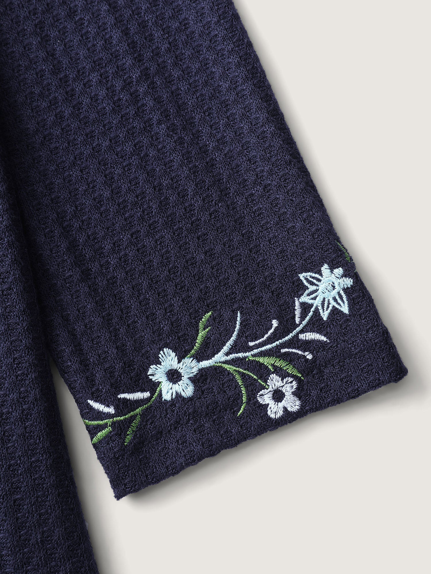 Floral Embroidery Textured Round Neck T-Shirt - Image 5