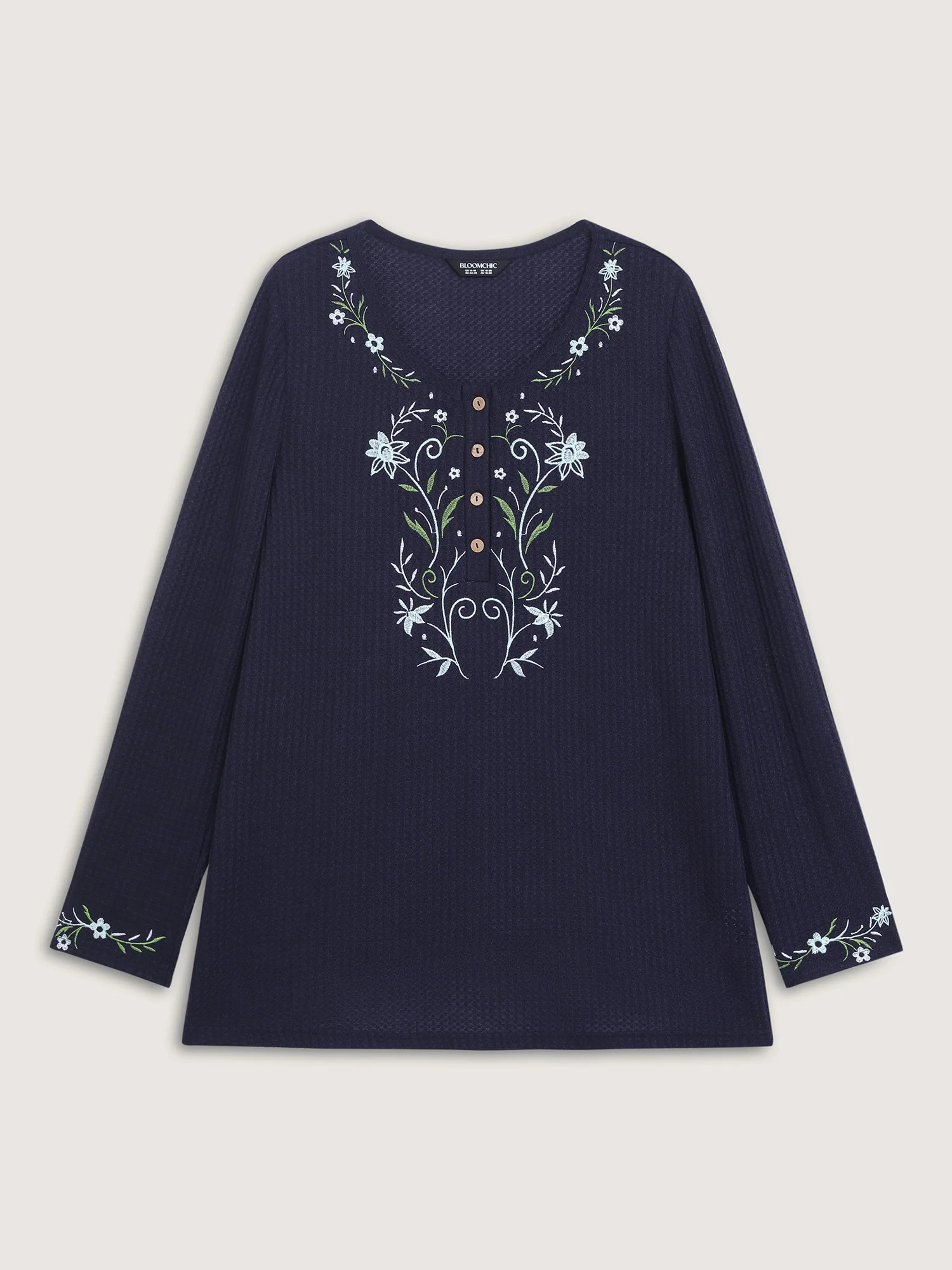 Floral Embroidery Textured Round Neck T-Shirt - Image 7