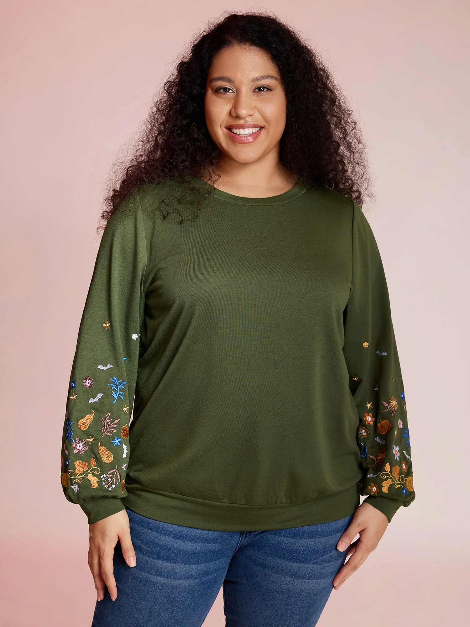 Floral Embroidery Textured Solid Sweatshirt - Image 2