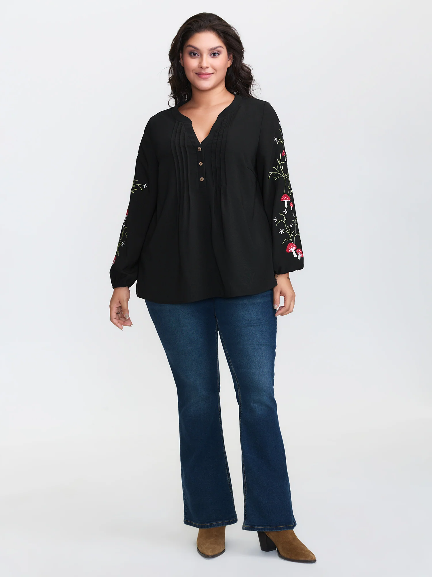 Floral Embroidery Toothpick Pleats Blouse - Image 3