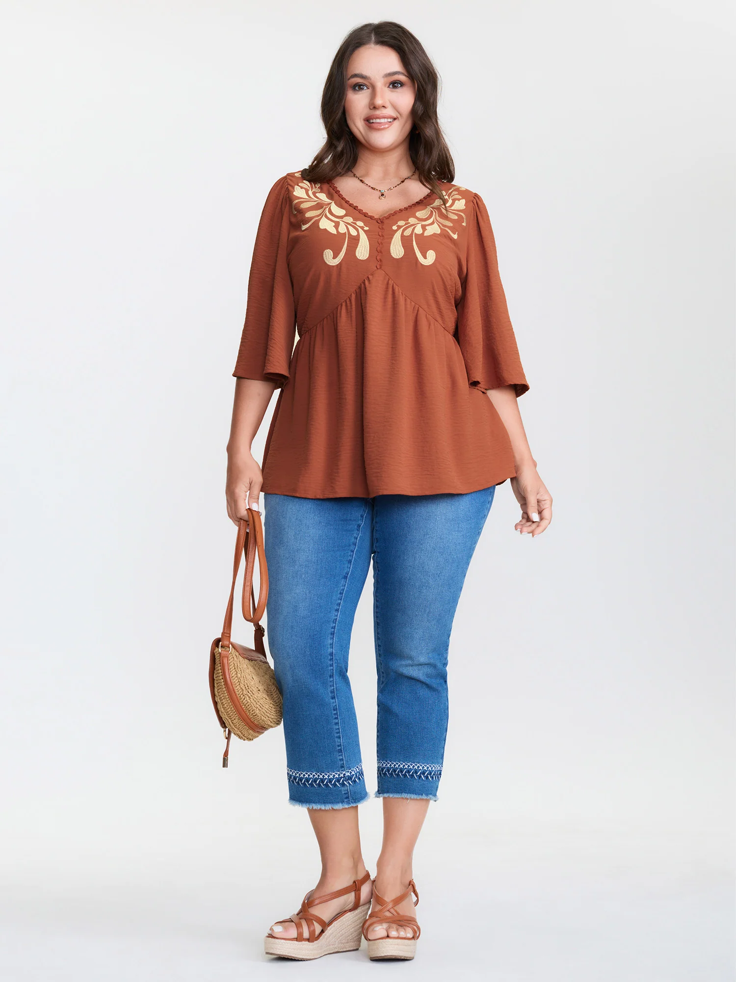 Floral Embroidery V-Neck Pleated T-Shirt - Image 3