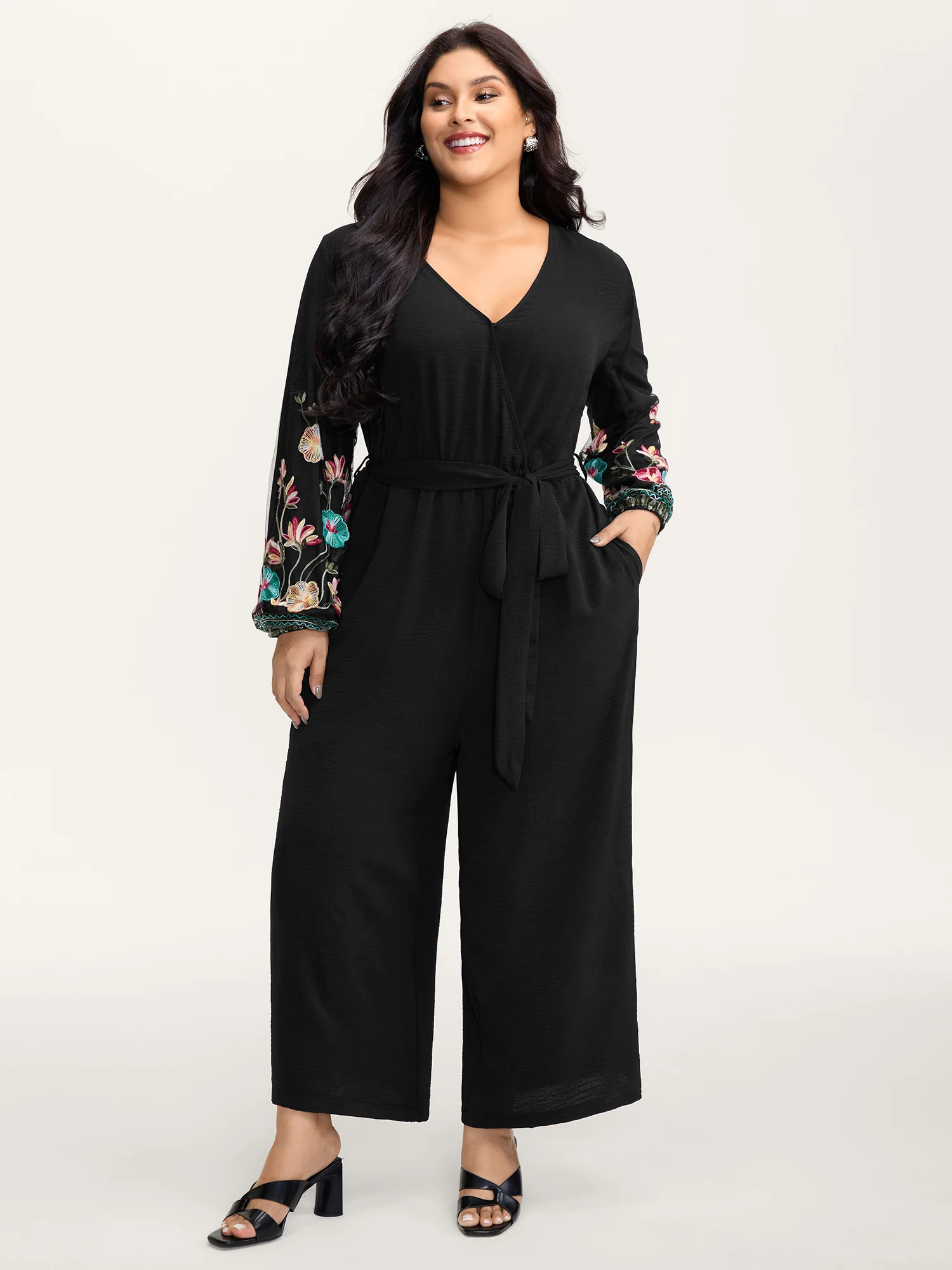 Floral Embroidery Waist-Tie Jumpsuit - Image 3