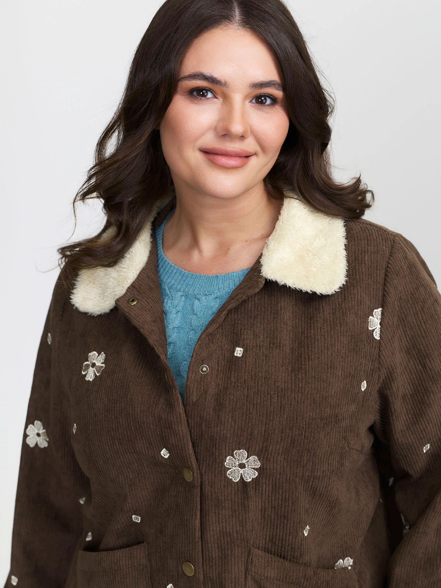 Floral Emrboidered Textured Button Jacket - Image 2