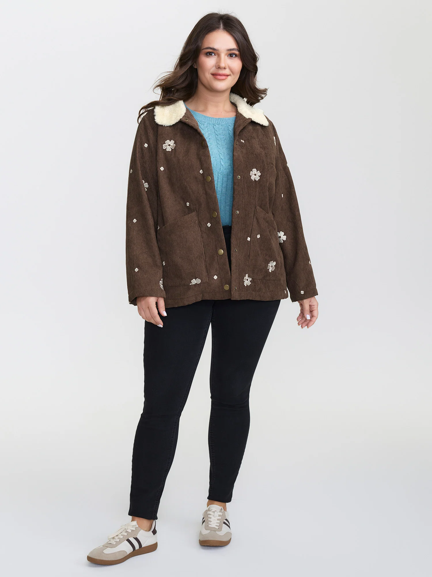 Floral Emrboidered Textured Button Jacket - Image 3