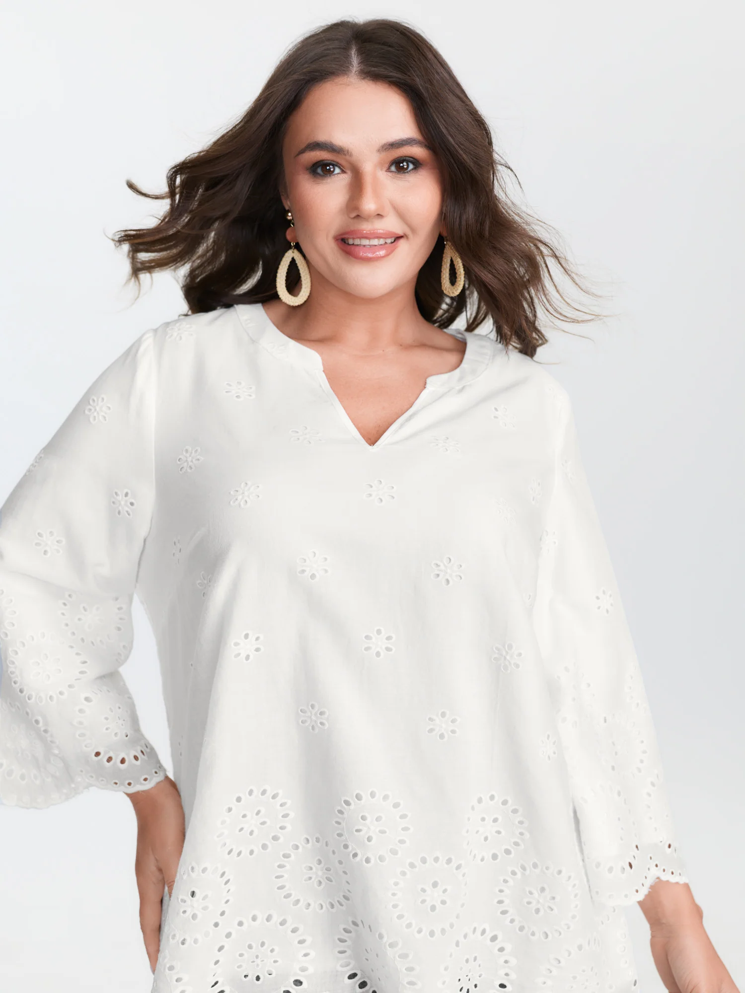 Cotton Floral Eyelet Trim Notched Collar Blouse - Image 2