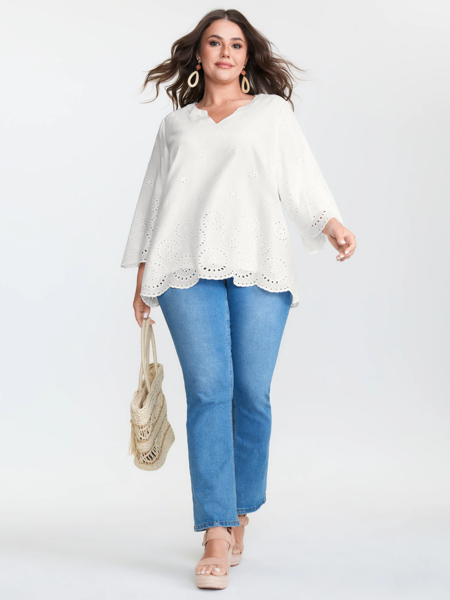 Cotton Floral Eyelet Trim Notched Collar Blouse - Image 3