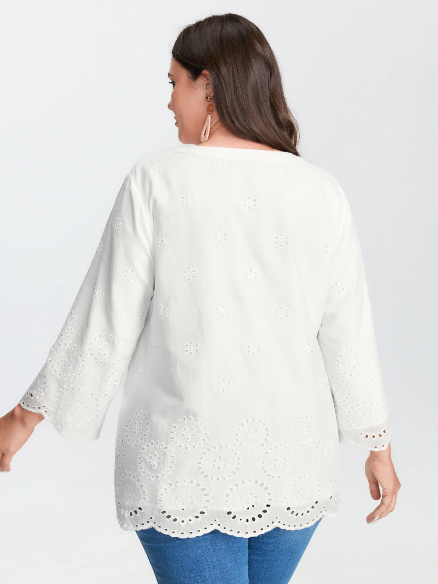 Cotton Floral Eyelet Trim Notched Collar Blouse - Image 4