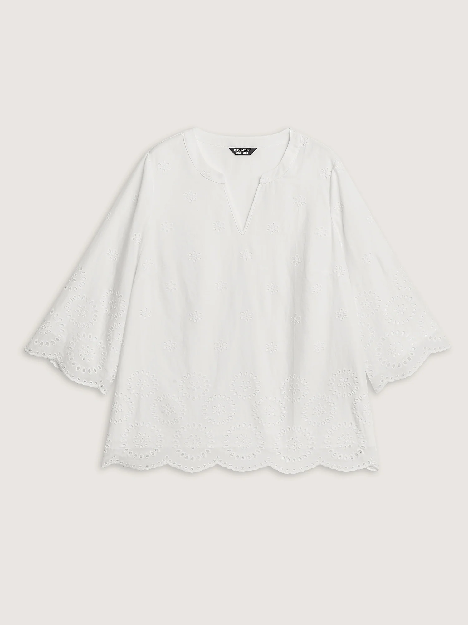 Cotton Floral Eyelet Trim Notched Collar Blouse - Image 7