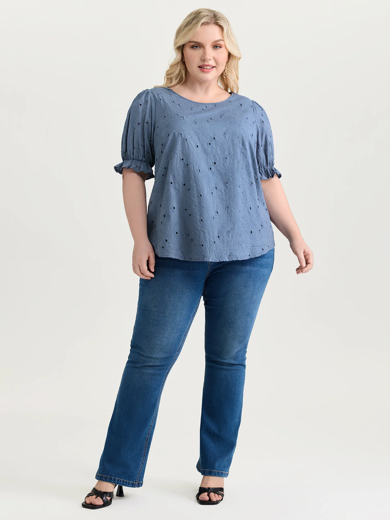 Floral Eyelet Trim Stretchy Cuff Sleeve Blouse - Image 3