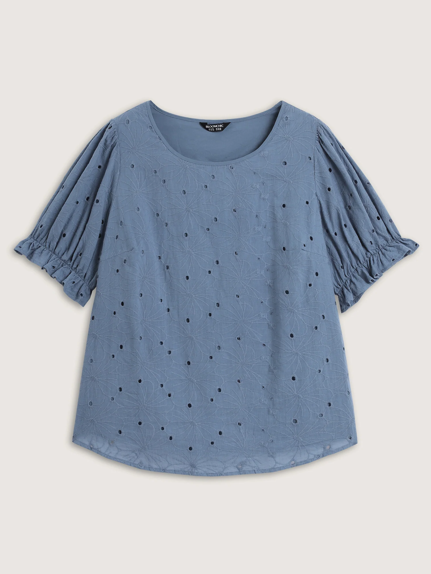 Floral Eyelet Trim Stretchy Cuff Sleeve Blouse - Image 7