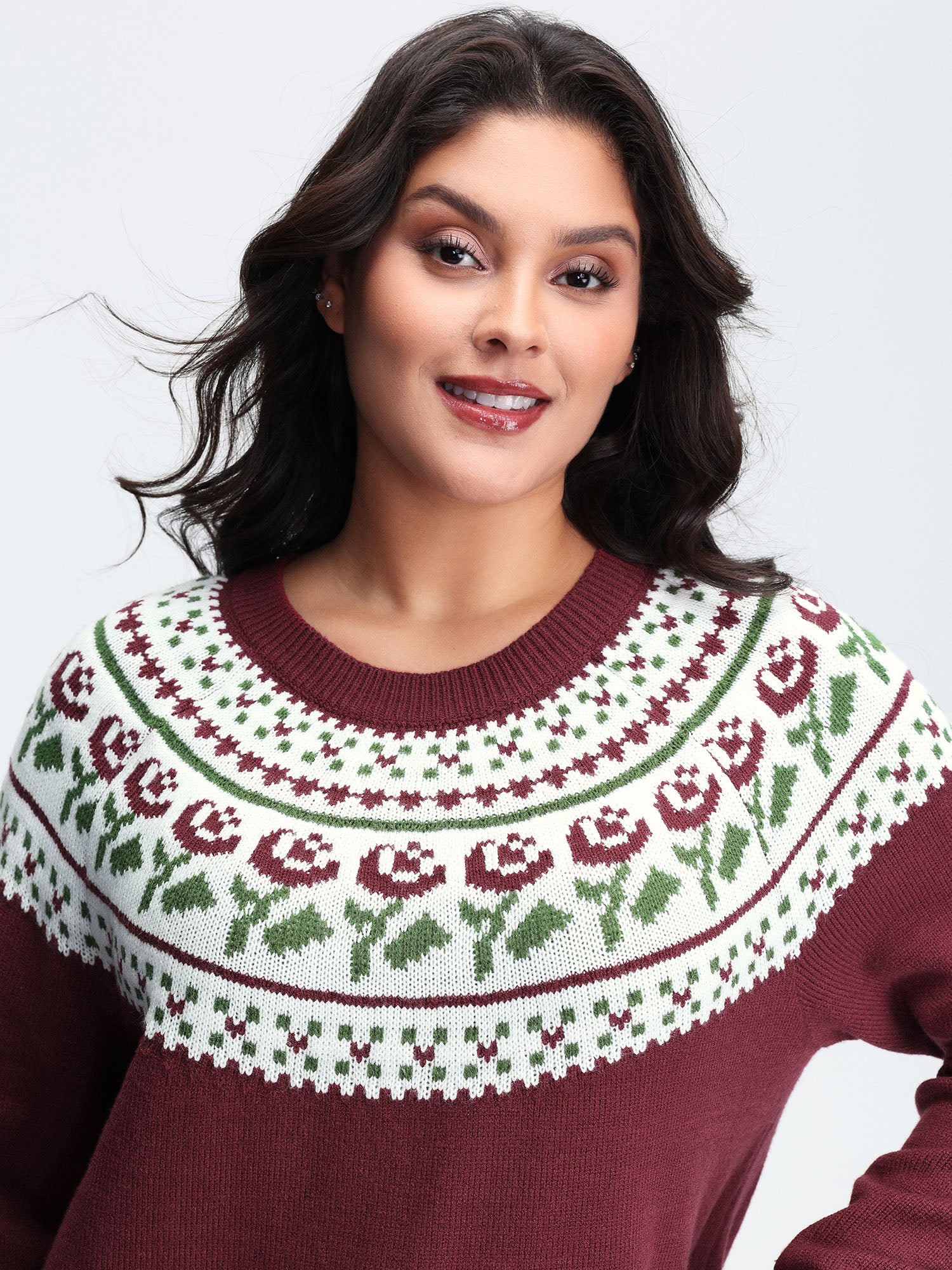Floral Fair Isle Raglan Sleeve Pullover - Image 2