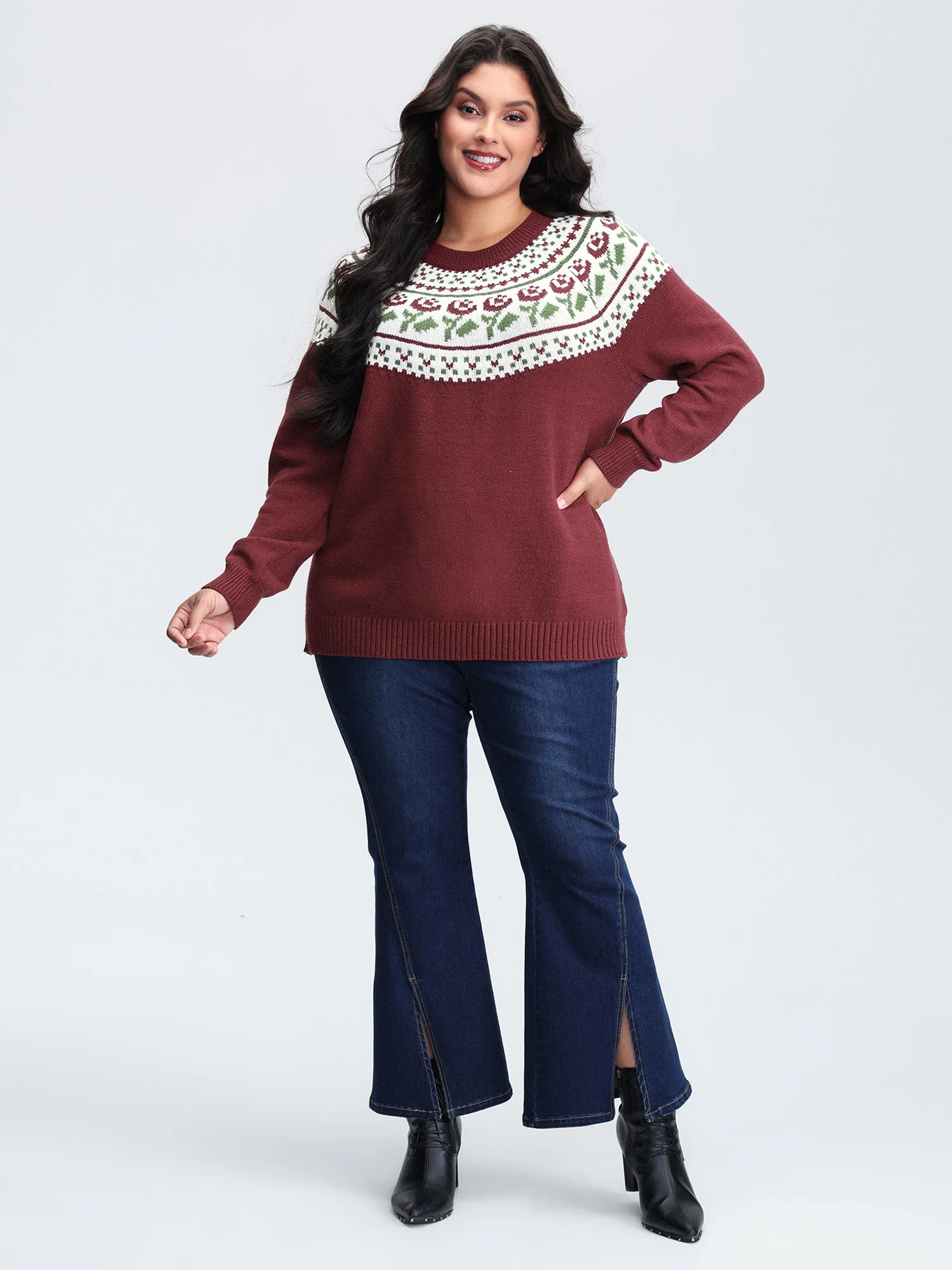 Floral Fair Isle Raglan Sleeve Pullover - Image 3