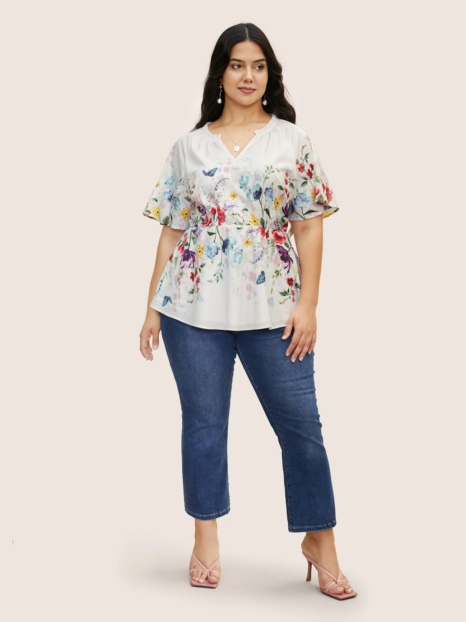 Floral Flat Collar With V Notch Frill Trim Blouse - Image 2