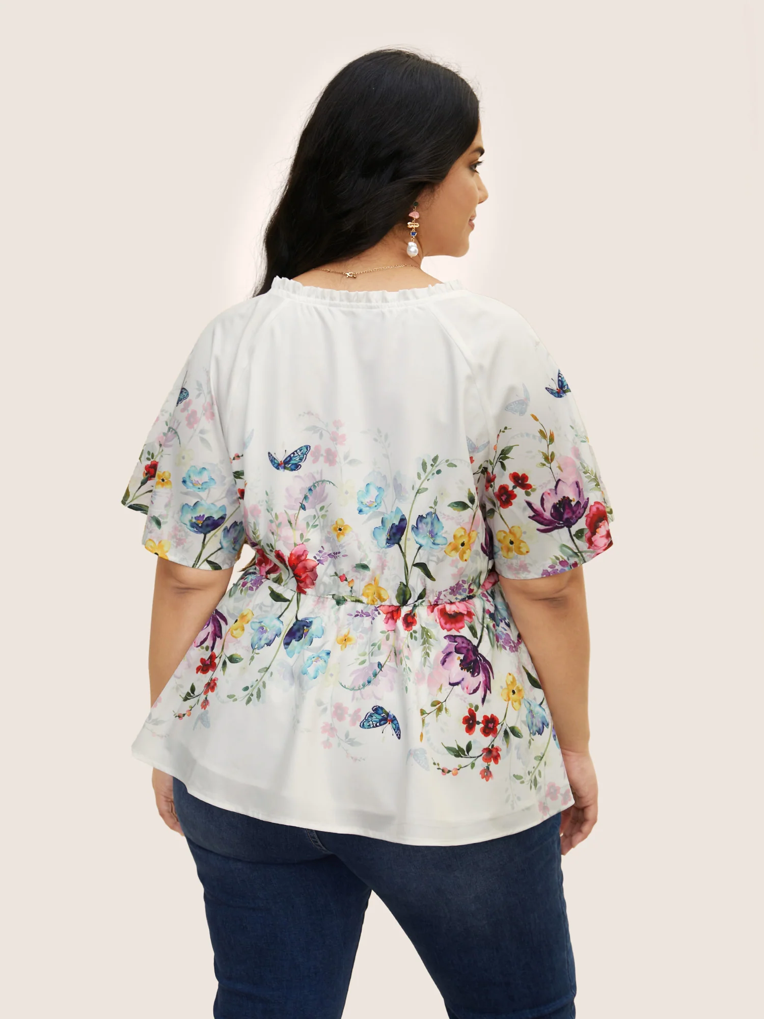 Floral Flat Collar With V Notch Frill Trim Blouse - Image 3