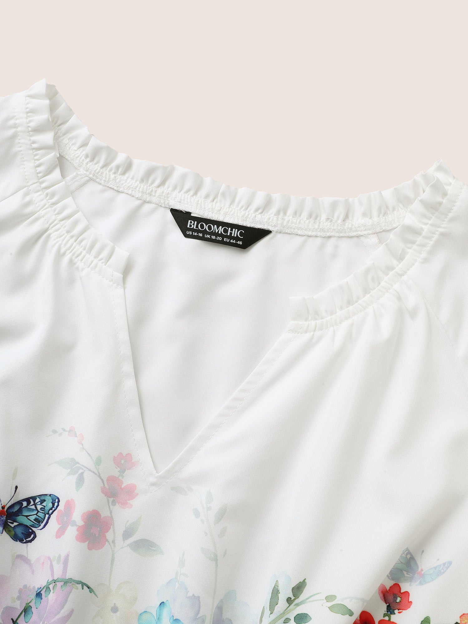 Floral Flat Collar With V Notch Frill Trim Blouse - Image 5